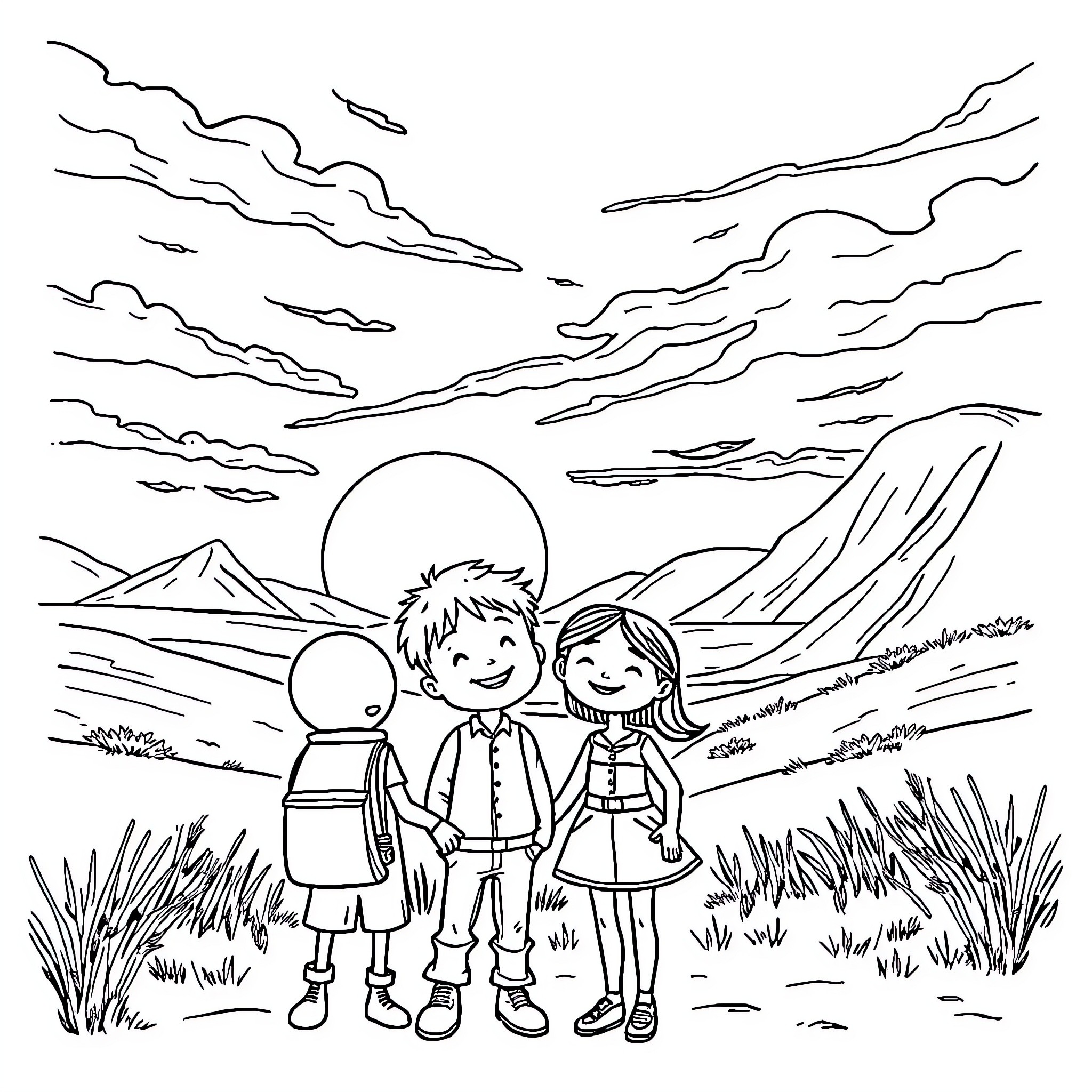 Smile of Friendship in the Countryside Coloring Page (free black-and-white line drawing printable PDF for all, from beginners to advanced learners, including children, teens, adults, and seniors)