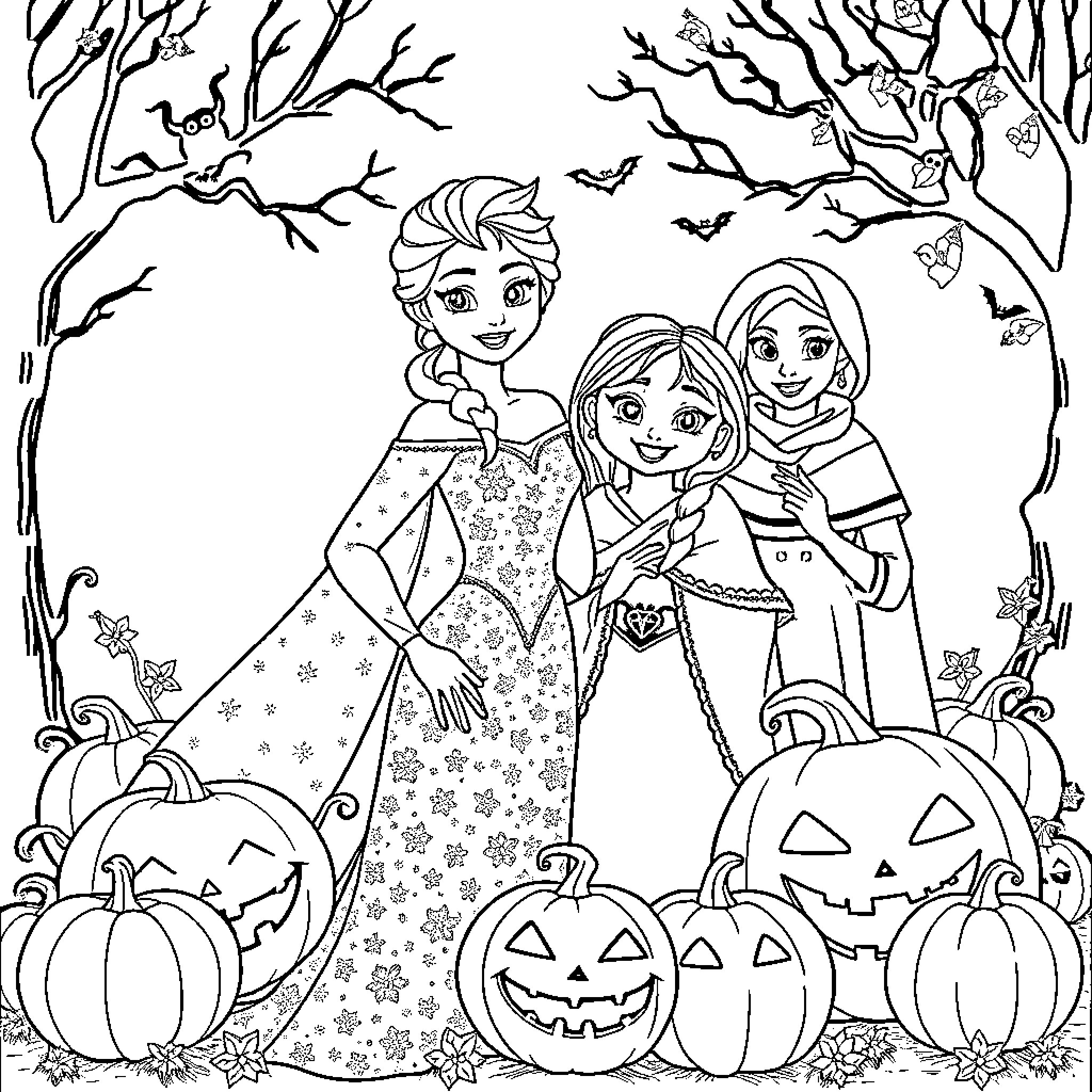 Elsa and Anna's Spooky Halloween Adventure Coloring Page (free black-and-white line drawing printable PDF for all, from beginners to advanced learners, including children, teens, adults, and seniors)