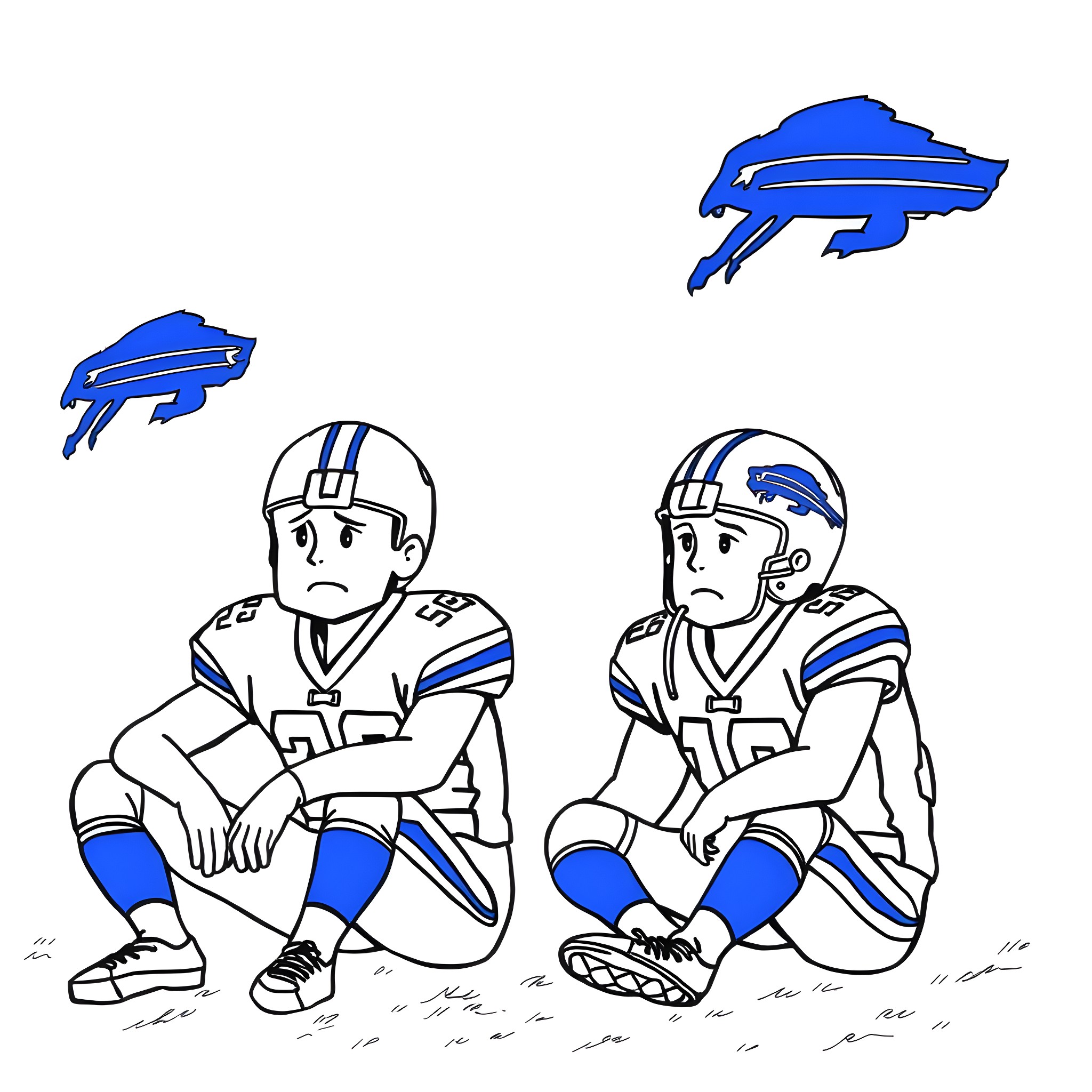 Buffalo football players looking disappointed on the field Coloring Page (free black-and-white line drawing printable PDF for all, from beginners to advanced learners, including children, teens, adults, and seniors)