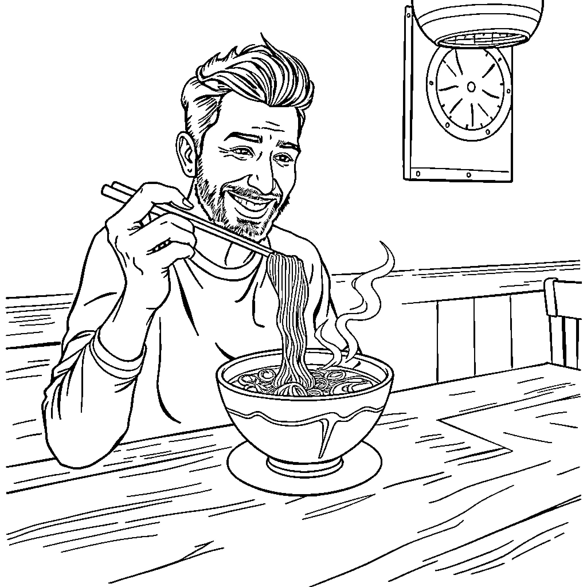 Shia LaBeouf enjoying a hot bowl of noodles Coloring Page (free black-and-white line drawing printable PDF for all, from beginners to advanced learners, including children, teens, adults, and seniors)
