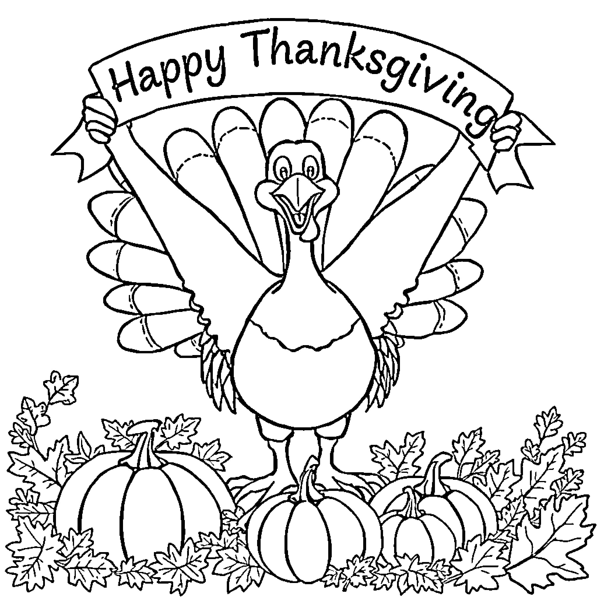 Turkey displaying Happy Thanksgiving banner Coloring Page (free black-and-white line drawing printable PDF for all, from beginners to advanced learners, including children, teens, adults, and seniors)