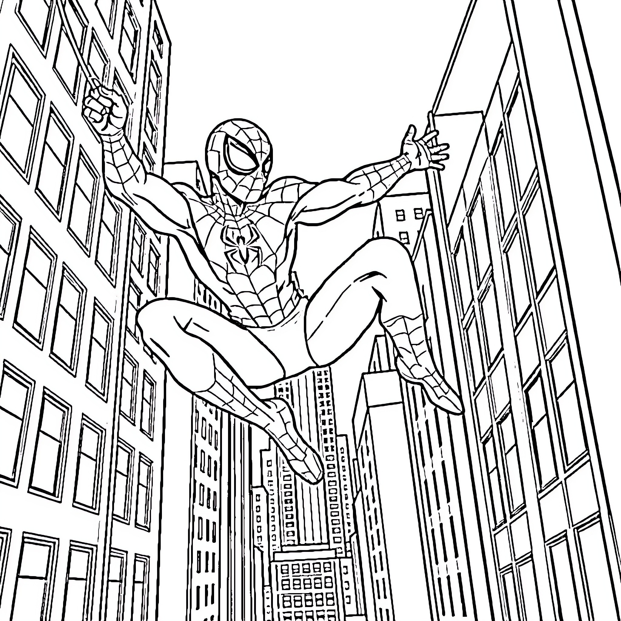 Spider-Man swinging heroically through the city streets Coloring Page (free black-and-white line drawing printable PDF for all, from beginners to advanced learners, including children, teens, adults, and seniors)