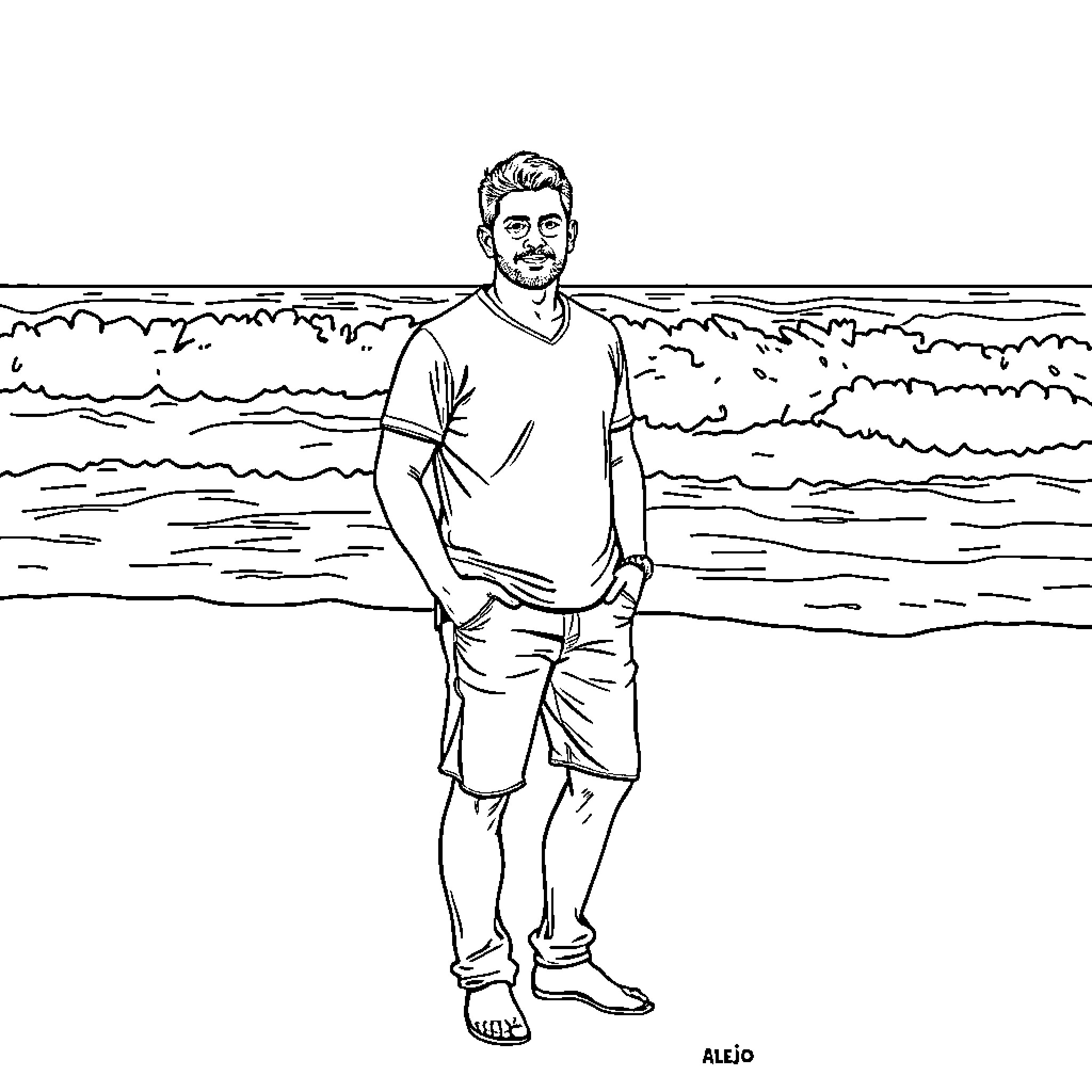 Alejo Ospina enjoying the coastal scenery Coloring Page (free black-and-white line drawing printable PDF for all, from beginners to advanced learners, including children, teens, adults, and seniors)