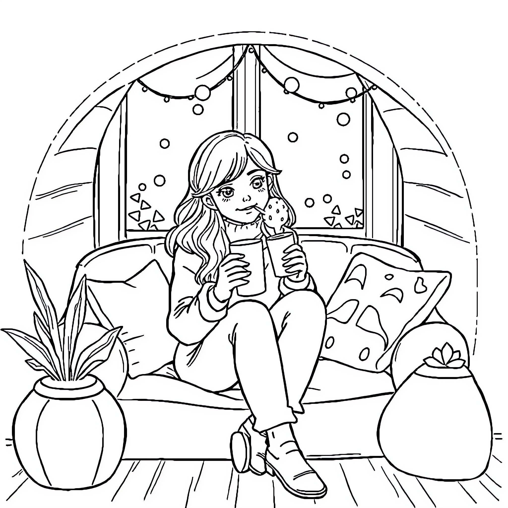 Cc Girl sitting on couch with hot drink Coloring Page (free black-and-white line drawing printable PDF for all, from beginners to advanced learners, including children, teens, adults, and seniors)