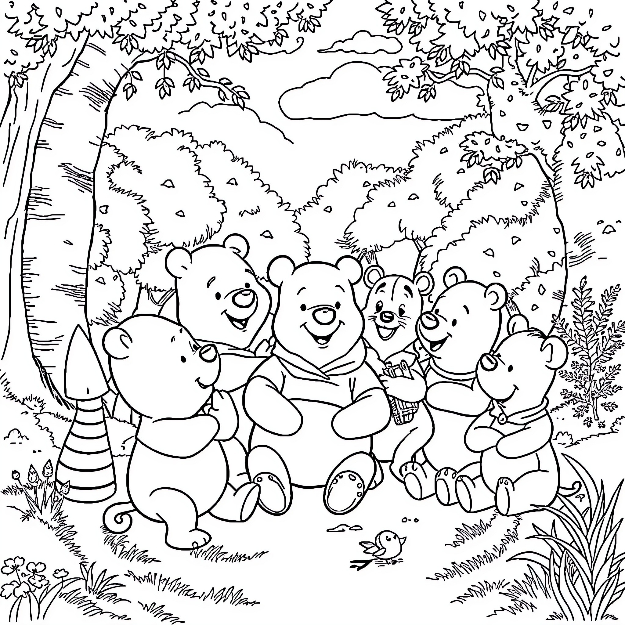 Winnie The Pooh and Friends Enjoying the Outdoors Coloring Page (free black-and-white line drawing printable PDF for all, from beginners to advanced learners, including children, teens, adults, and seniors)
