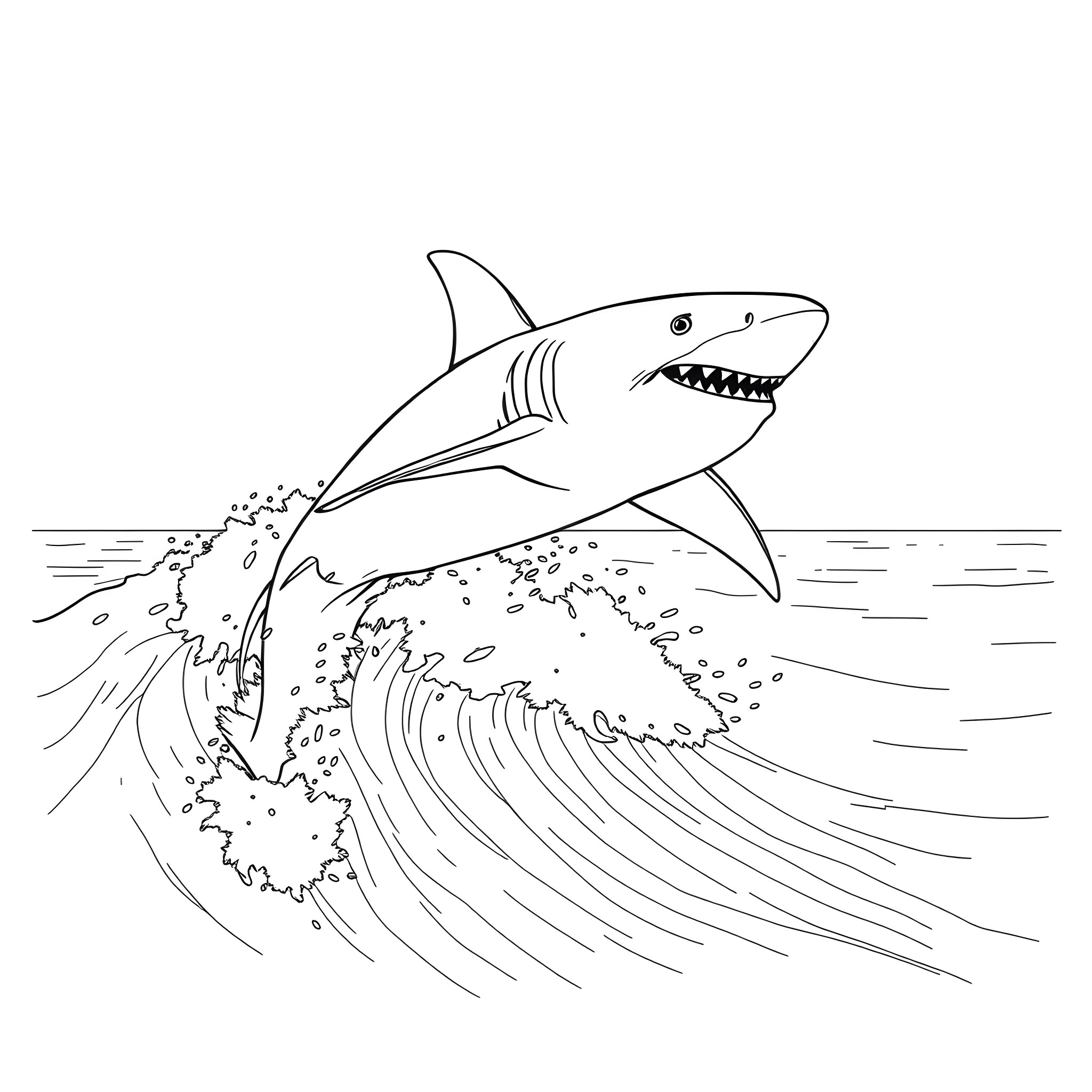 Shark leaping through ocean waves Coloring Page (free black-and-white line drawing printable PDF for all, from beginners to advanced learners, including children, teens, adults, and seniors)