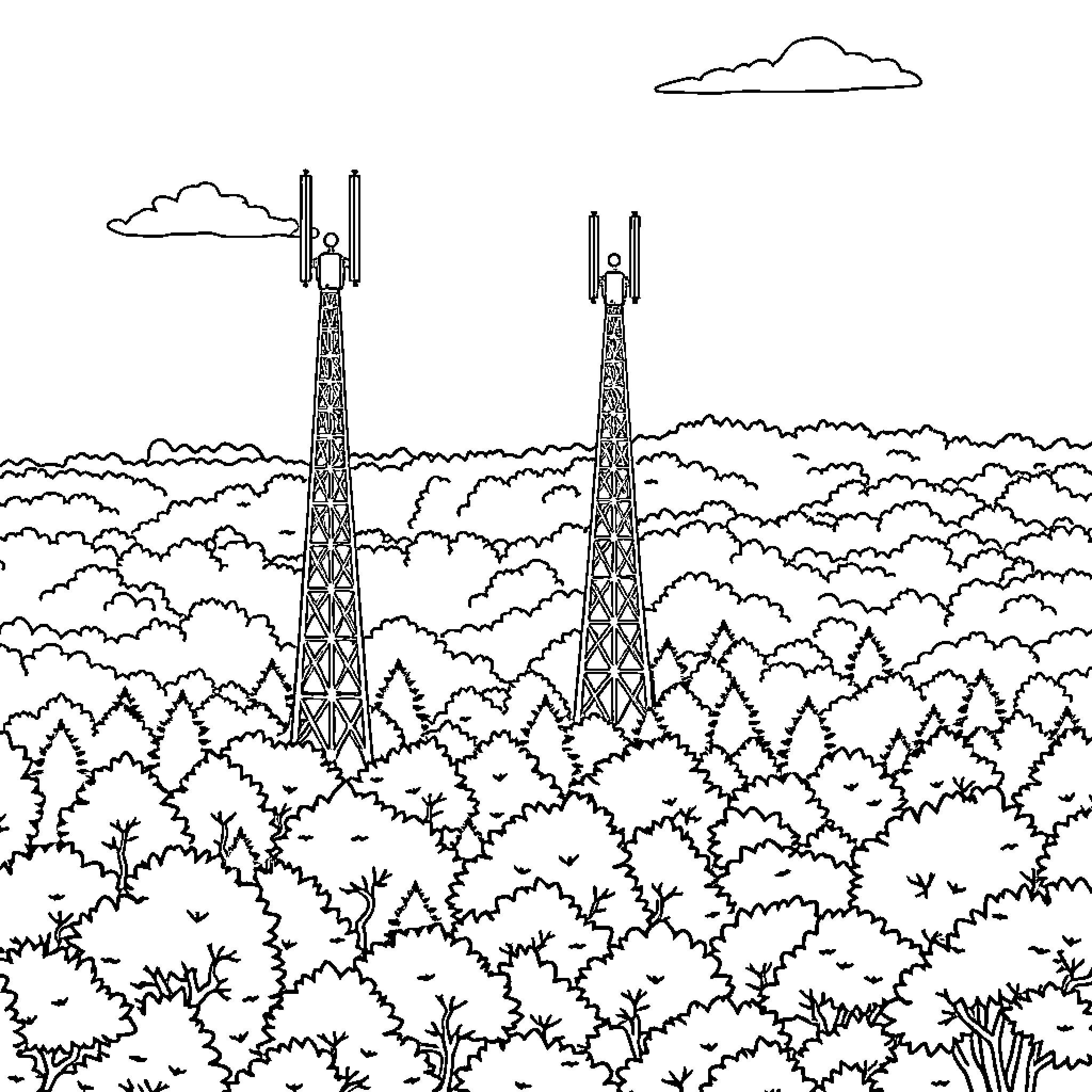 Animal Landscape with Telecommunication Towers Coloring Page (free black-and-white line drawing printable PDF for all, from beginners to advanced learners, including children, teens, adults, and seniors)