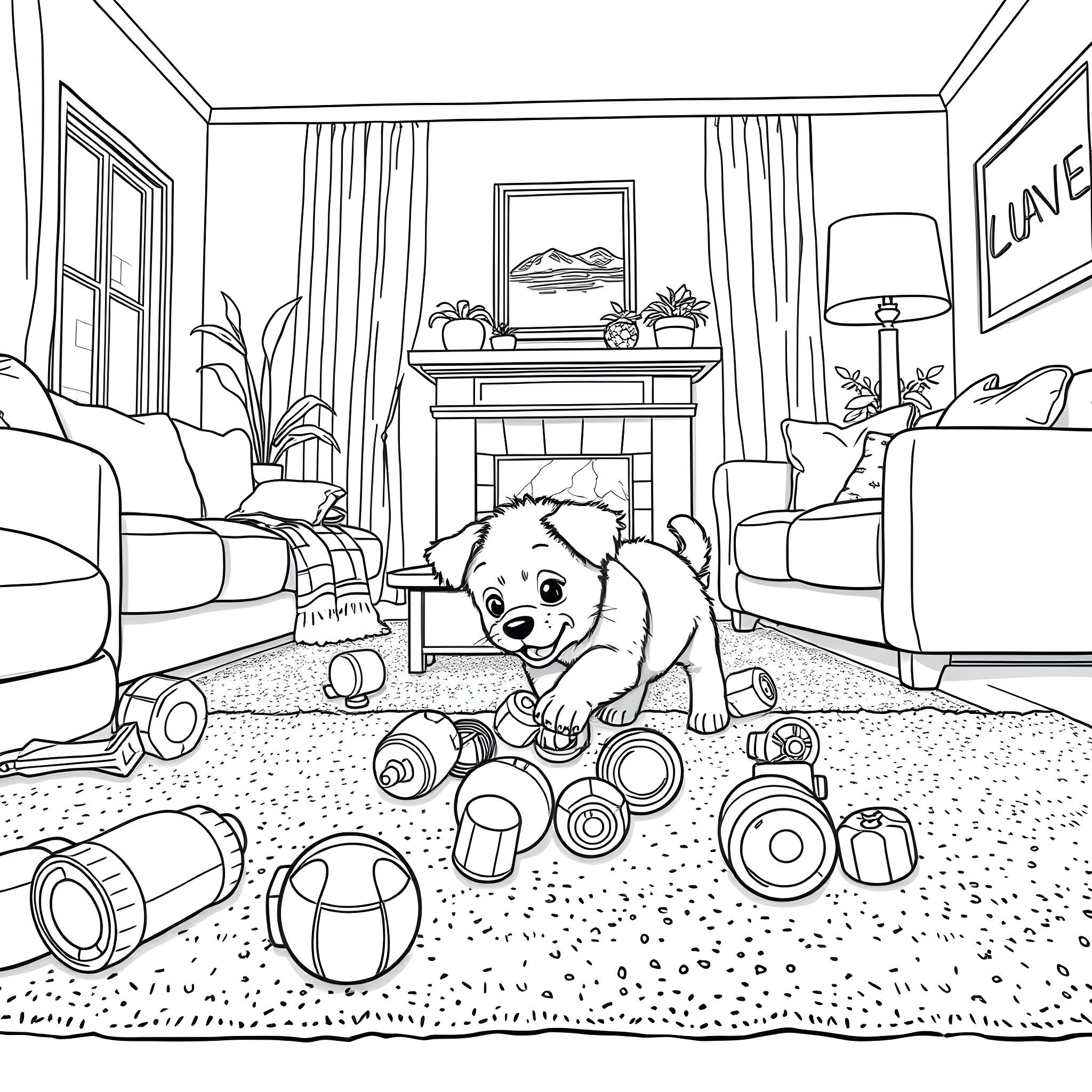 Bumpy Puppy's Playful Mess in the Living Room Coloring Page (free black-and-white line drawing printable PDF for all, from beginners to advanced learners, including children, teens, adults, and seniors)