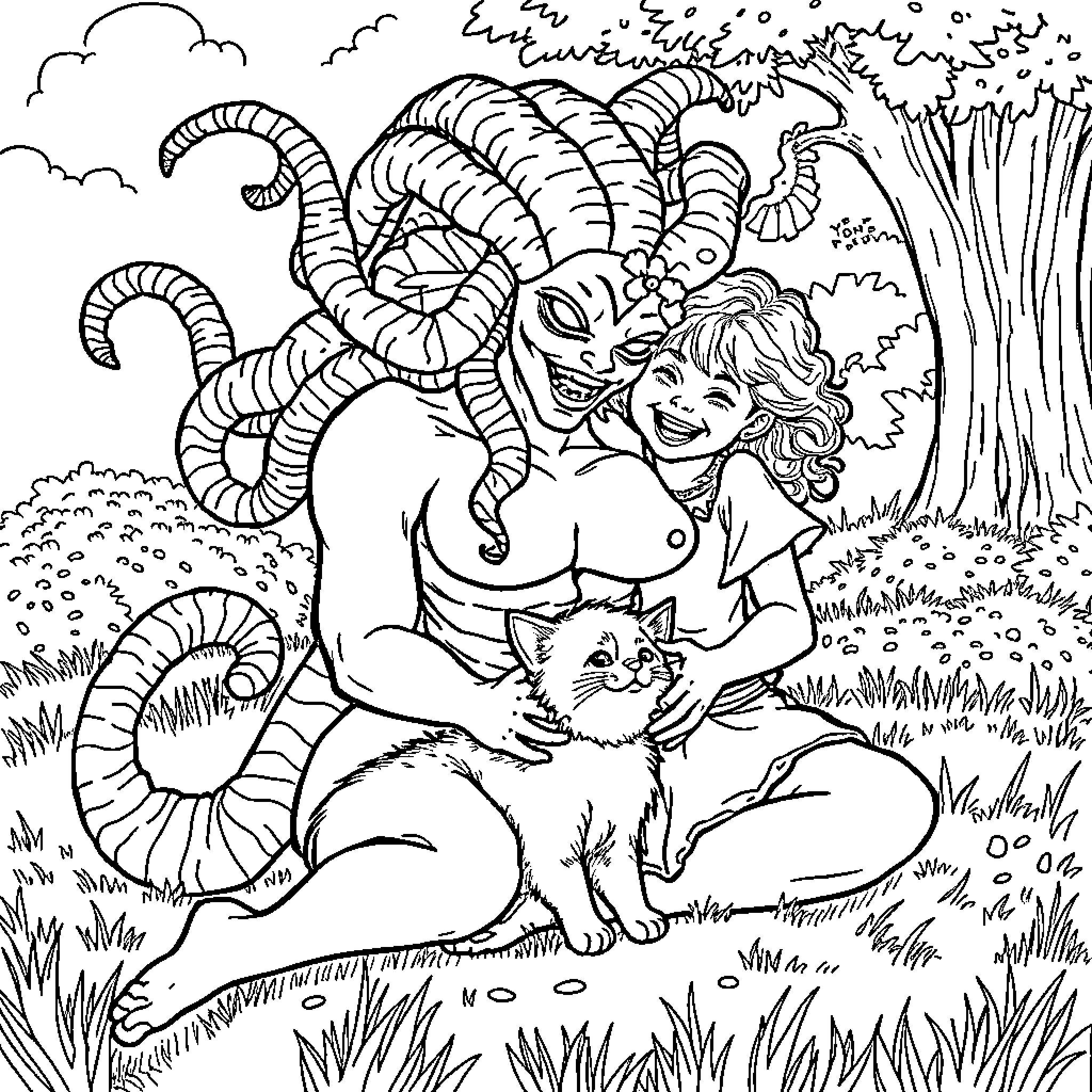 Medusa's Encounter with Mystical Creatures Coloring Page (free black-and-white line drawing printable PDF for all, from beginners to advanced learners, including children, teens, adults, and seniors)