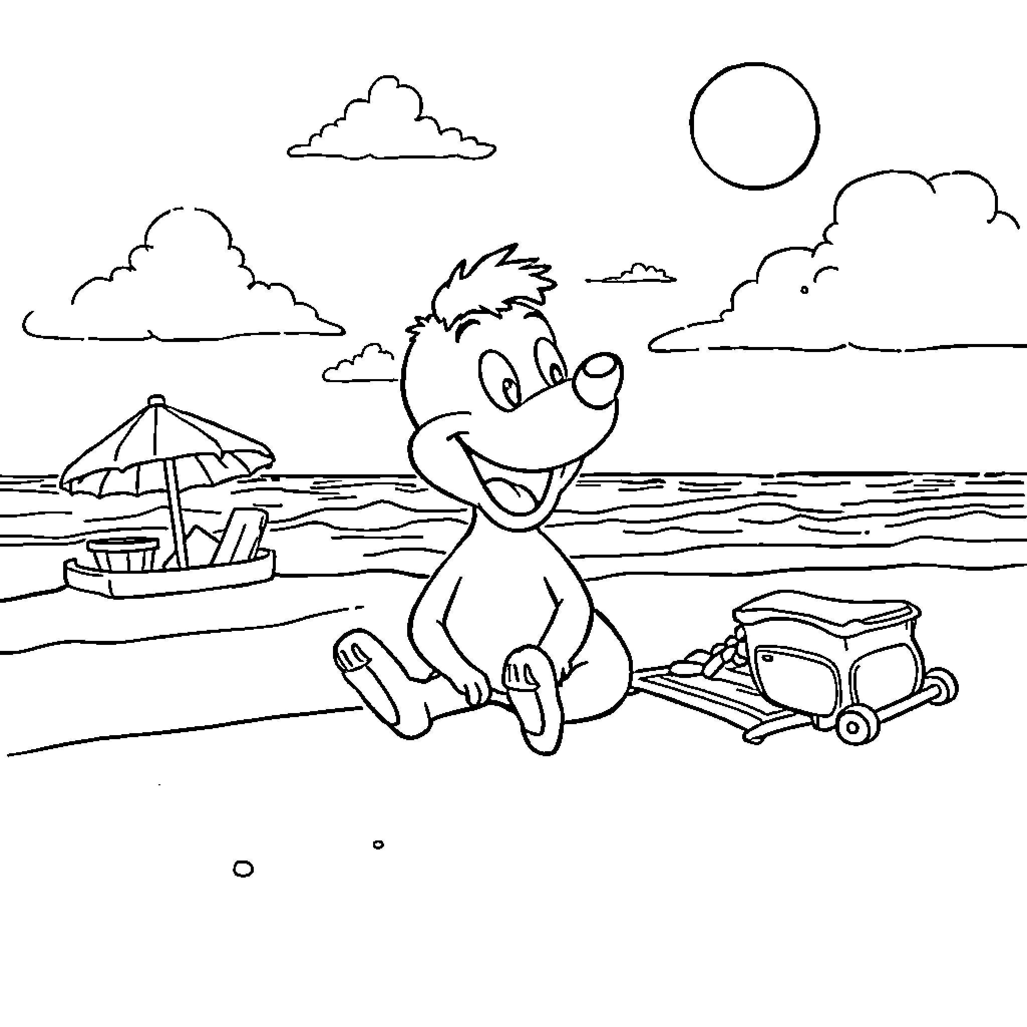 Scrooge's Seaside Adventure Coloring Page (free black-and-white line drawing printable PDF for all, from beginners to advanced learners, including children, teens, adults, and seniors)