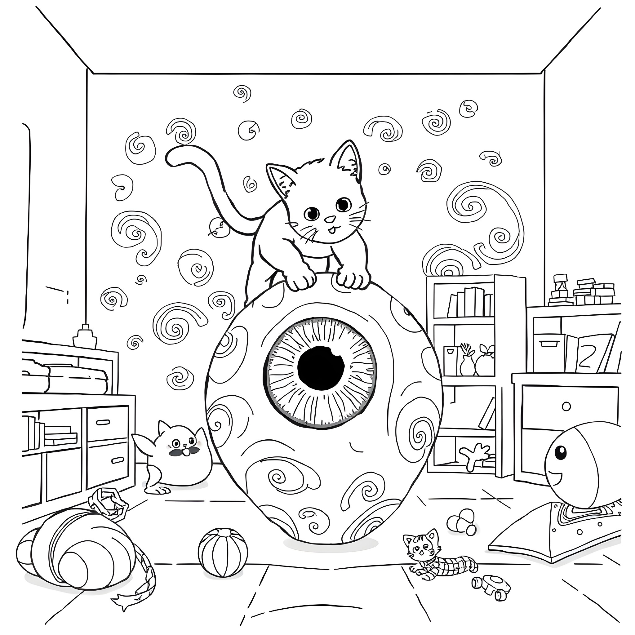 Cat playing inside a magical eye-shaped chamber Coloring Page (free black-and-white line drawing printable PDF for all, from beginners to advanced learners, including children, teens, adults, and seniors)