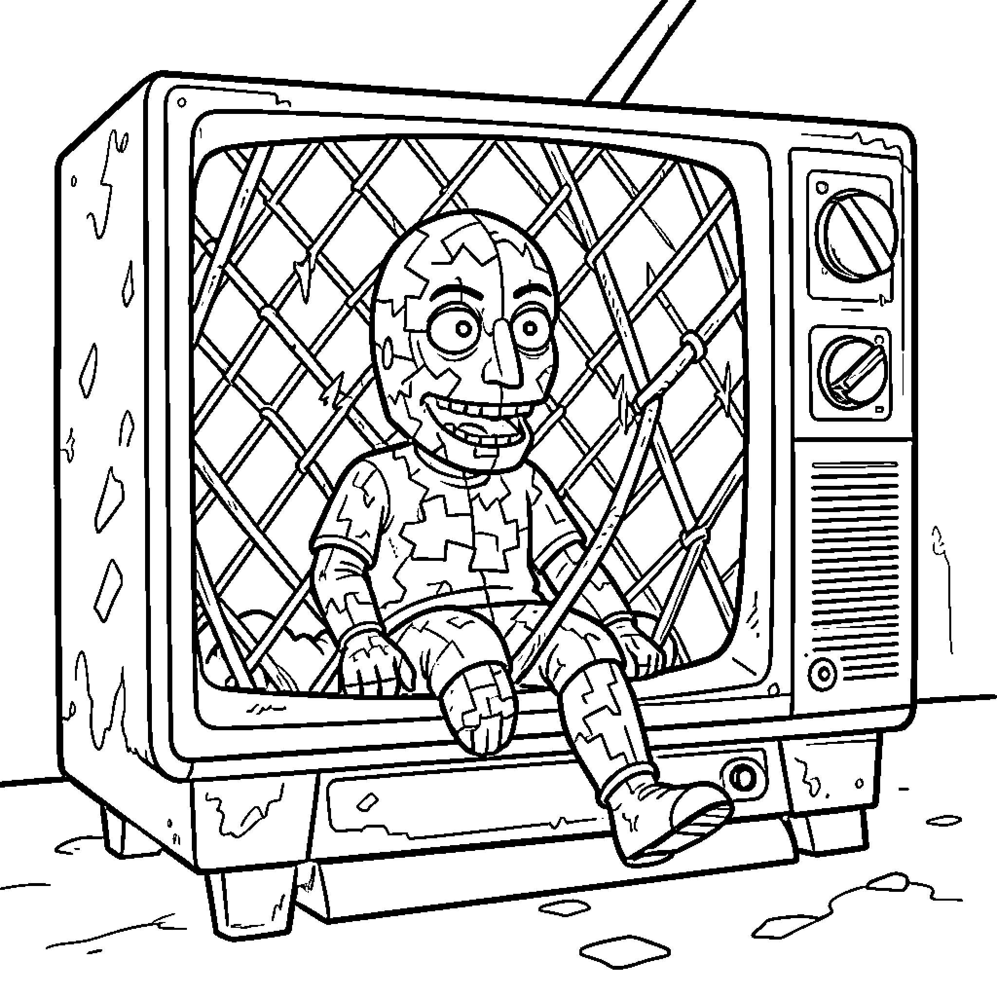Jigsaw character sitting inside a vintage television set Coloring Page (free black-and-white line drawing printable PDF for all, from beginners to advanced learners, including children, teens, adults, and seniors)
