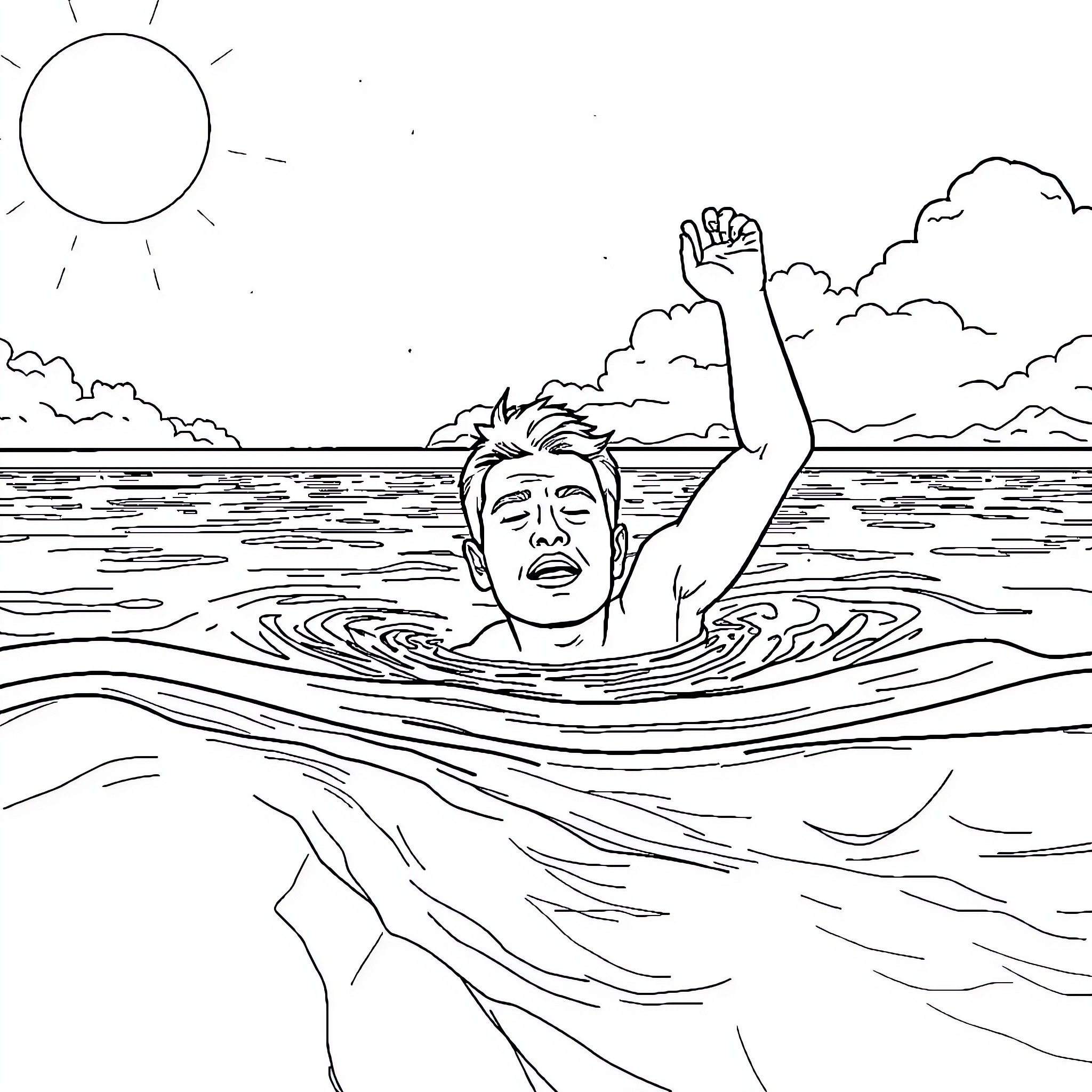 Man swimming and waving in the ocean Coloring Page (free black-and-white line drawing printable PDF for all, from beginners to advanced learners, including children, teens, adults, and seniors)