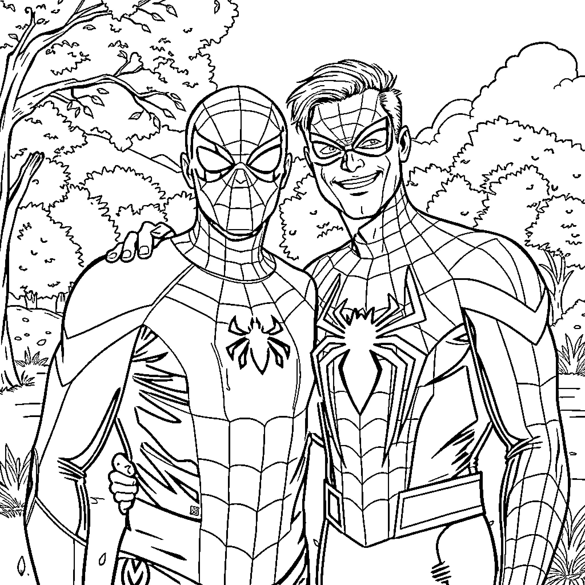 Spiderman and Spiderman duo in the wilderness Coloring Page (free black-and-white line drawing printable PDF for all, from beginners to advanced learners, including children, teens, adults, and seniors)