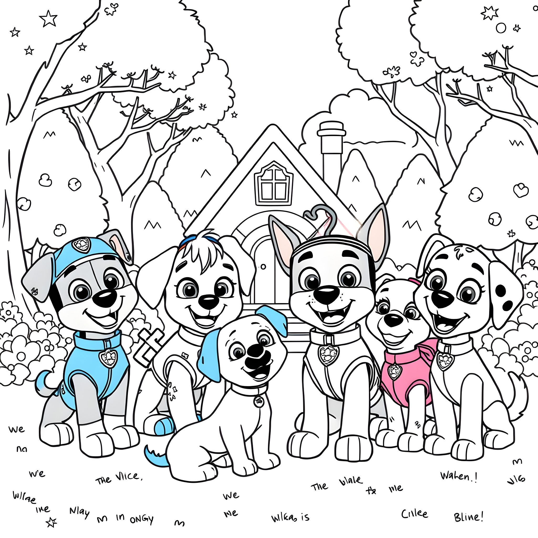 Paw Patrol pups exploring a winter wonderland Coloring Page (free black-and-white line drawing printable PDF for all, from beginners to advanced learners, including children, teens, adults, and seniors)