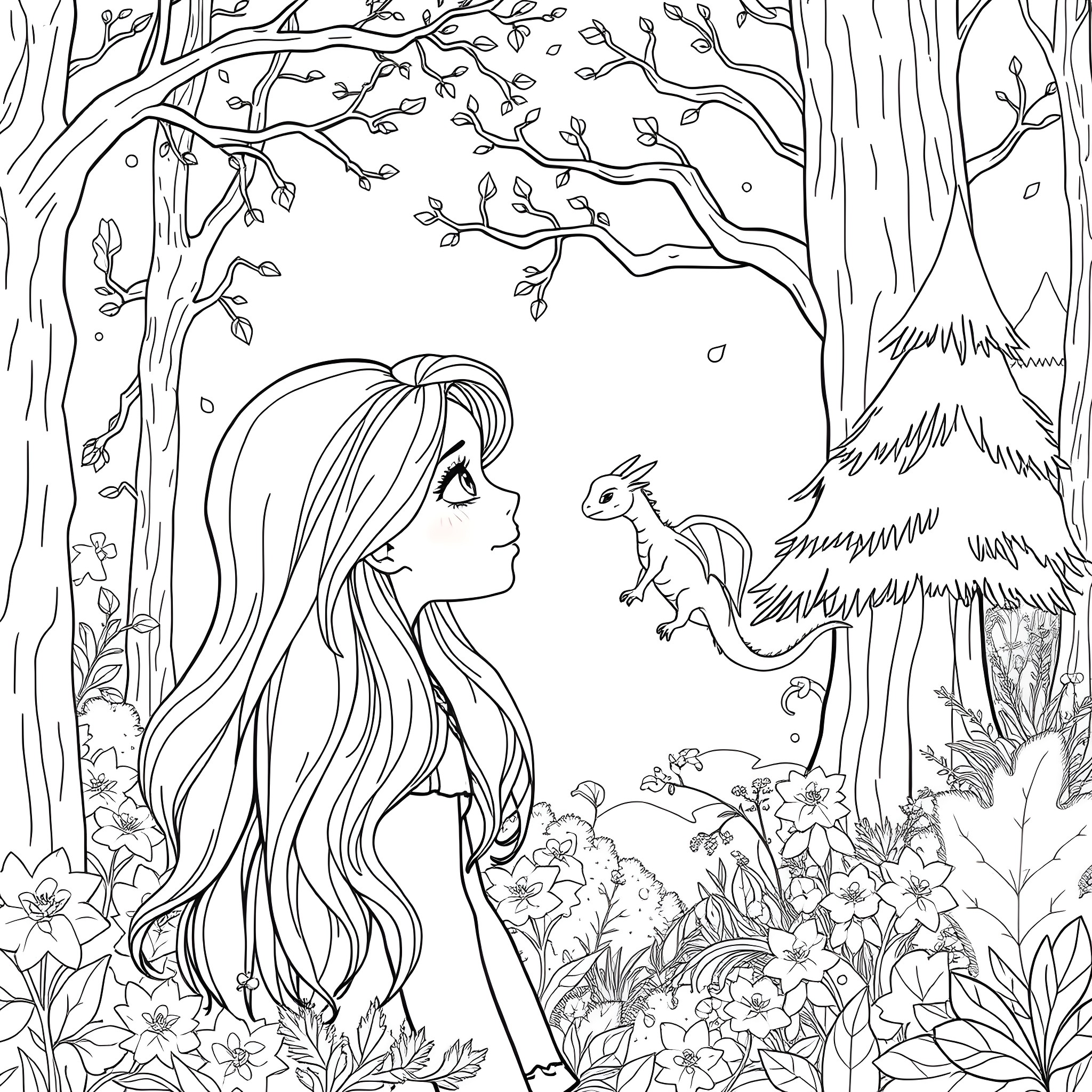 Girl admiring nature and animals in the forest Coloring Page (free black-and-white line drawing printable PDF for all, from beginners to advanced learners, including children, teens, adults, and seniors)