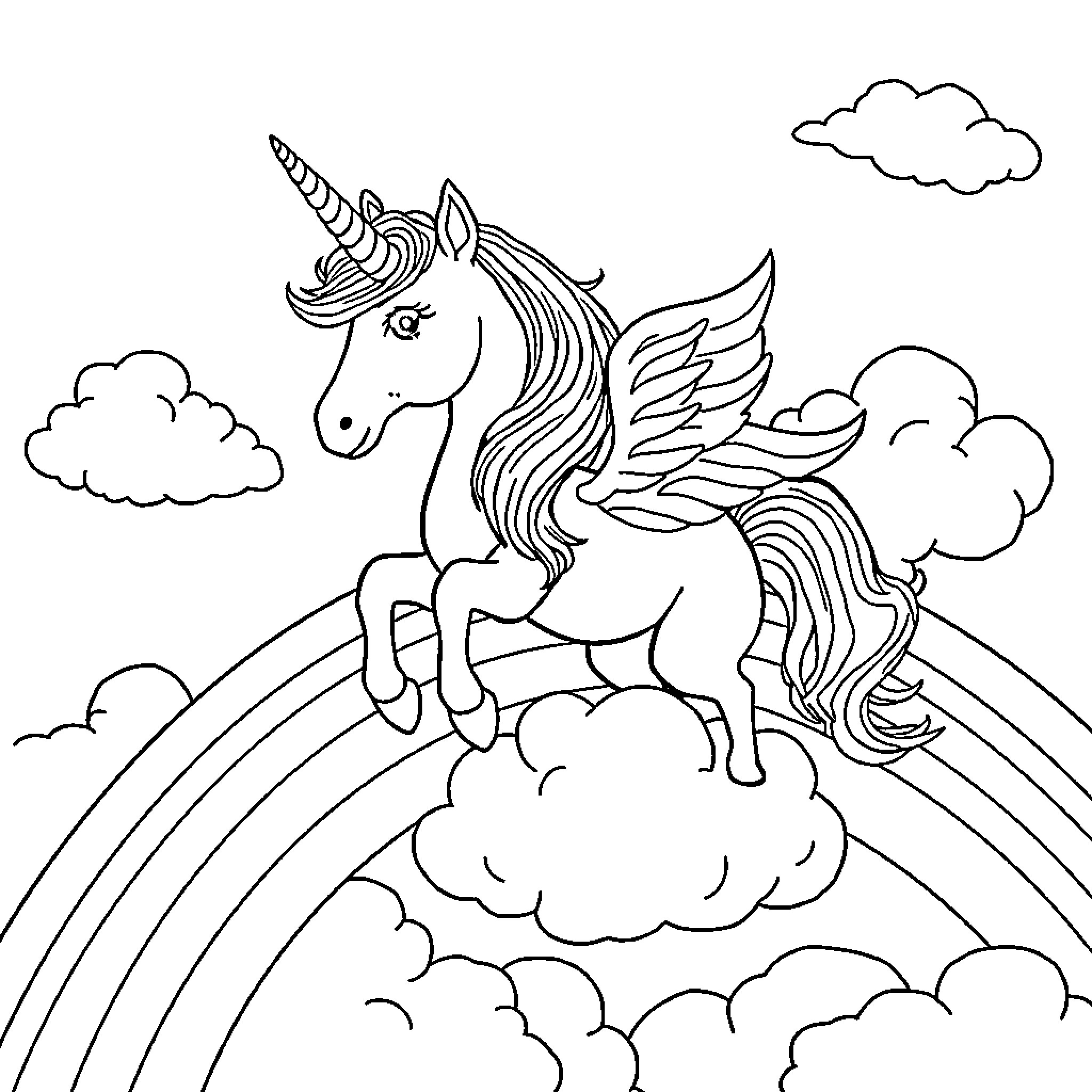 Unicorn flying gracefully over a rainbow Coloring Page (free black-and-white line drawing printable PDF for all, from beginners to advanced learners, including children, teens, adults, and seniors)