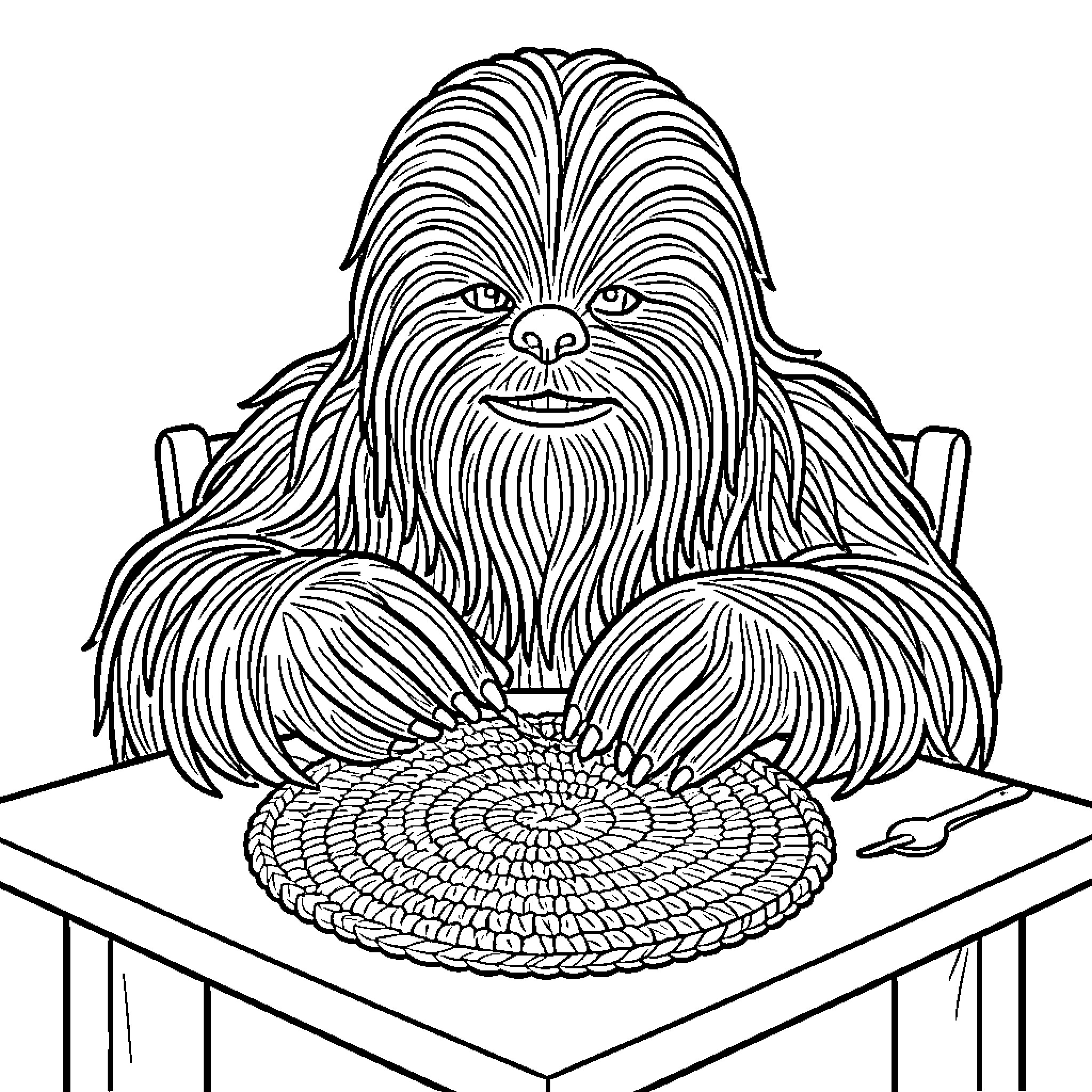 Chewbacca enjoying a hearty meal on a table Coloring Page (free black-and-white line drawing printable PDF for all, from beginners to advanced learners, including children, teens, adults, and seniors)