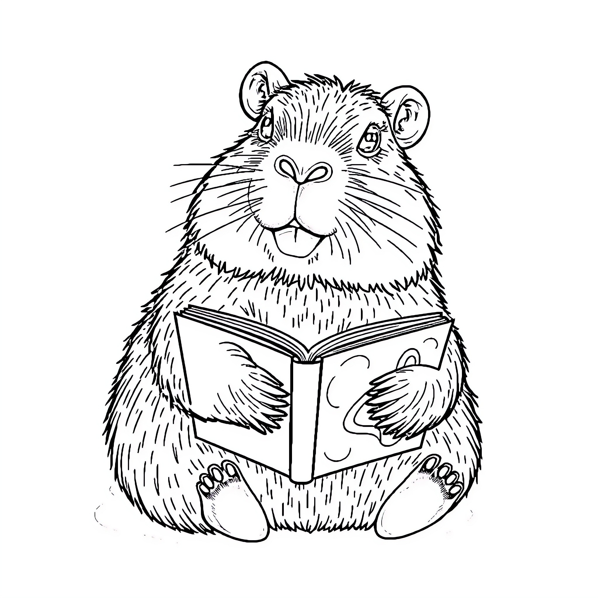 Capybara reading a book intently Coloring Page (free black-and-white line drawing printable PDF for all, from beginners to advanced learners, including children, teens, adults, and seniors)