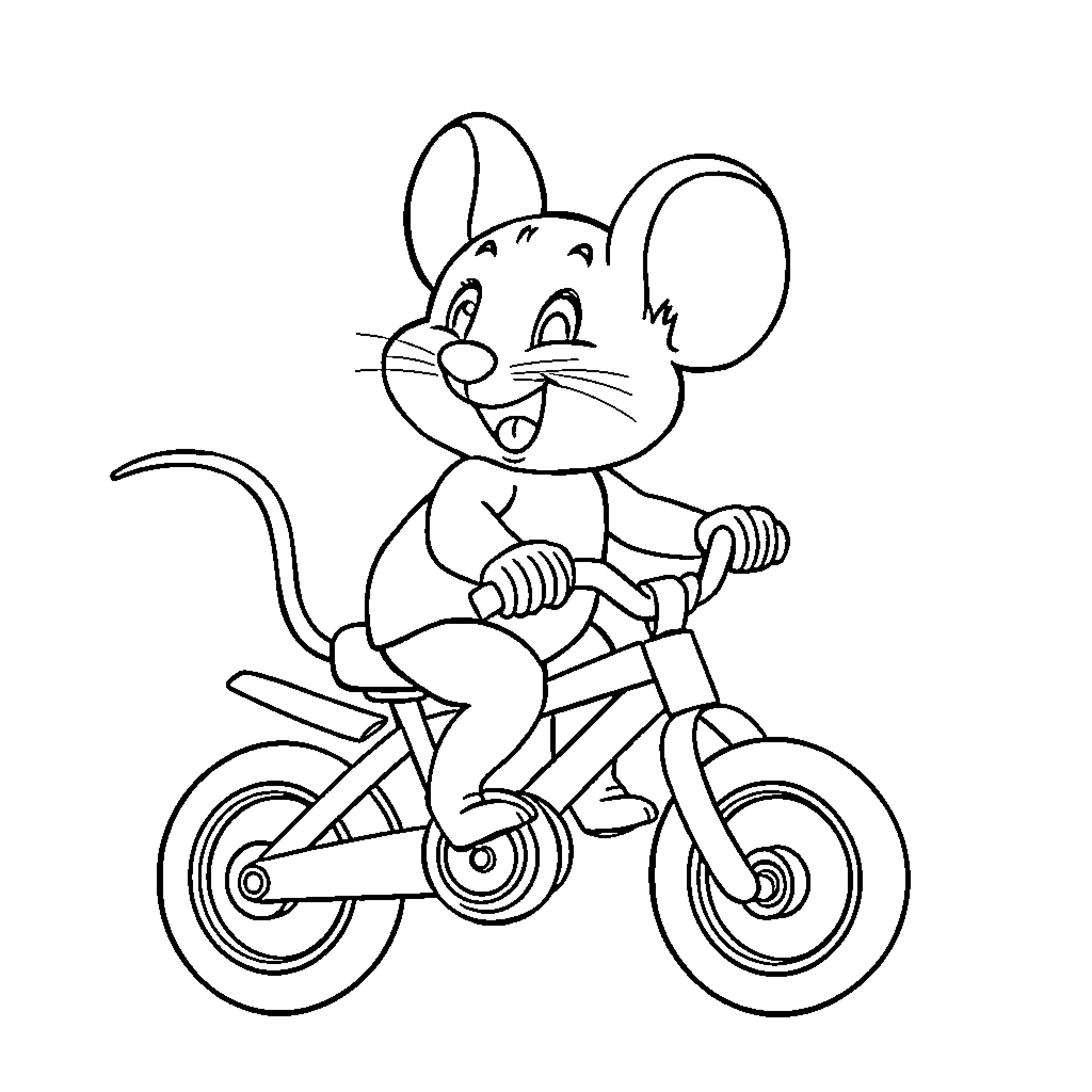 Mouse riding a bicycle with enthusiasm Coloring Page (free black-and-white line drawing printable PDF for all, from beginners to advanced learners, including children, teens, adults, and seniors)