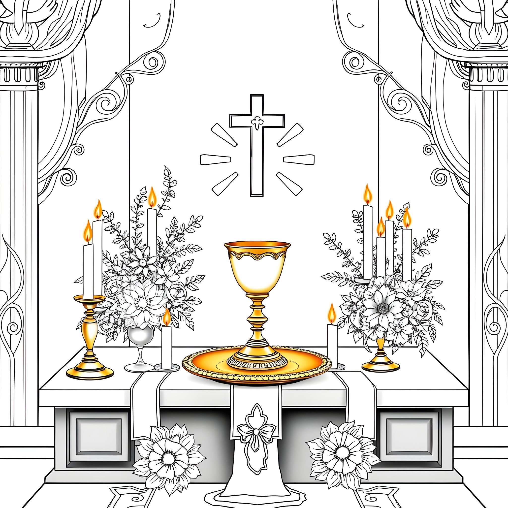 Eucharist Celebration with Flowers and Candles Coloring Page (free black-and-white line drawing printable PDF for all, from beginners to advanced learners, including children, teens, adults, and seniors)