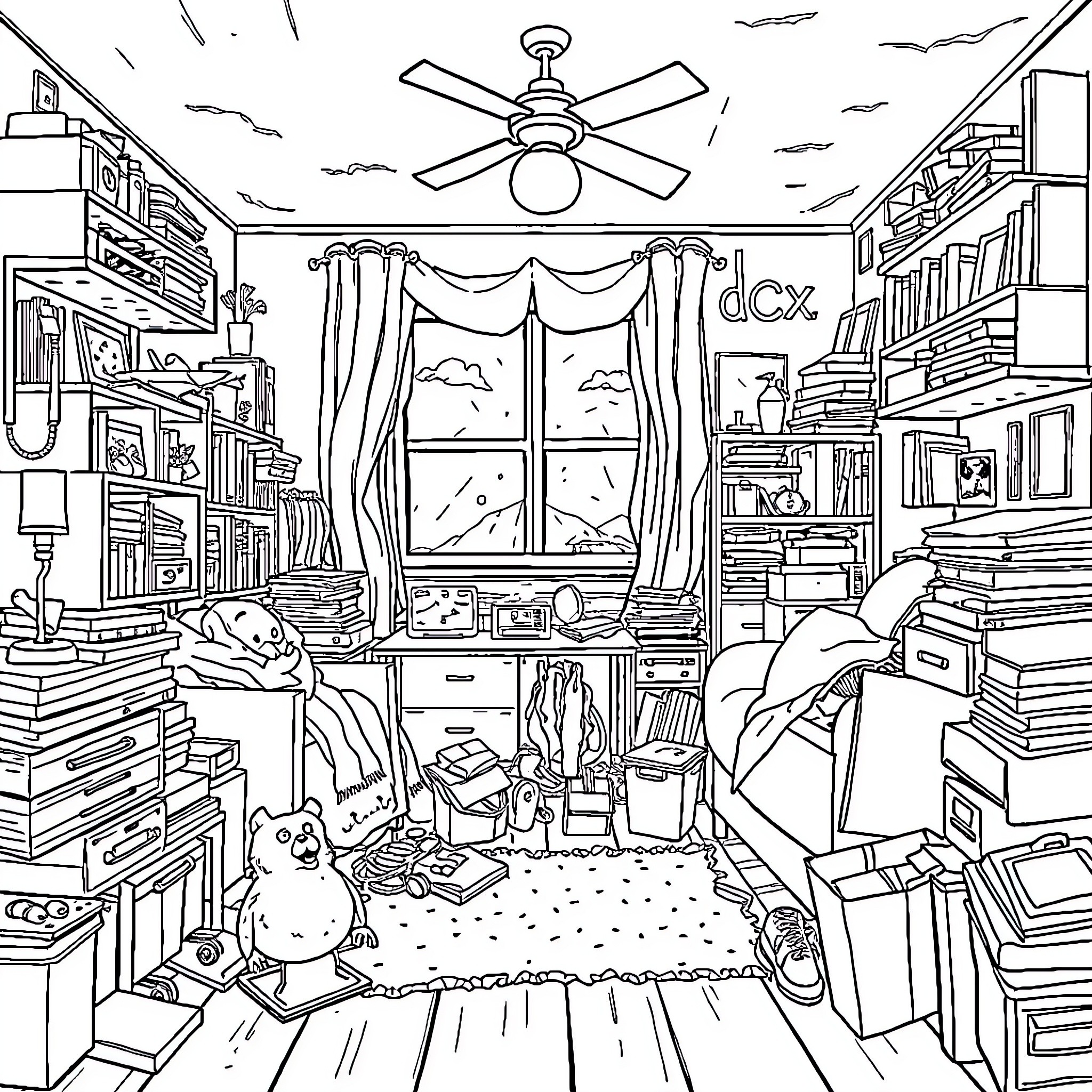 Organization of a Cluttered Home Office Coloring Page (free black-and-white line drawing printable PDF for all, from beginners to advanced learners, including children, teens, adults, and seniors)