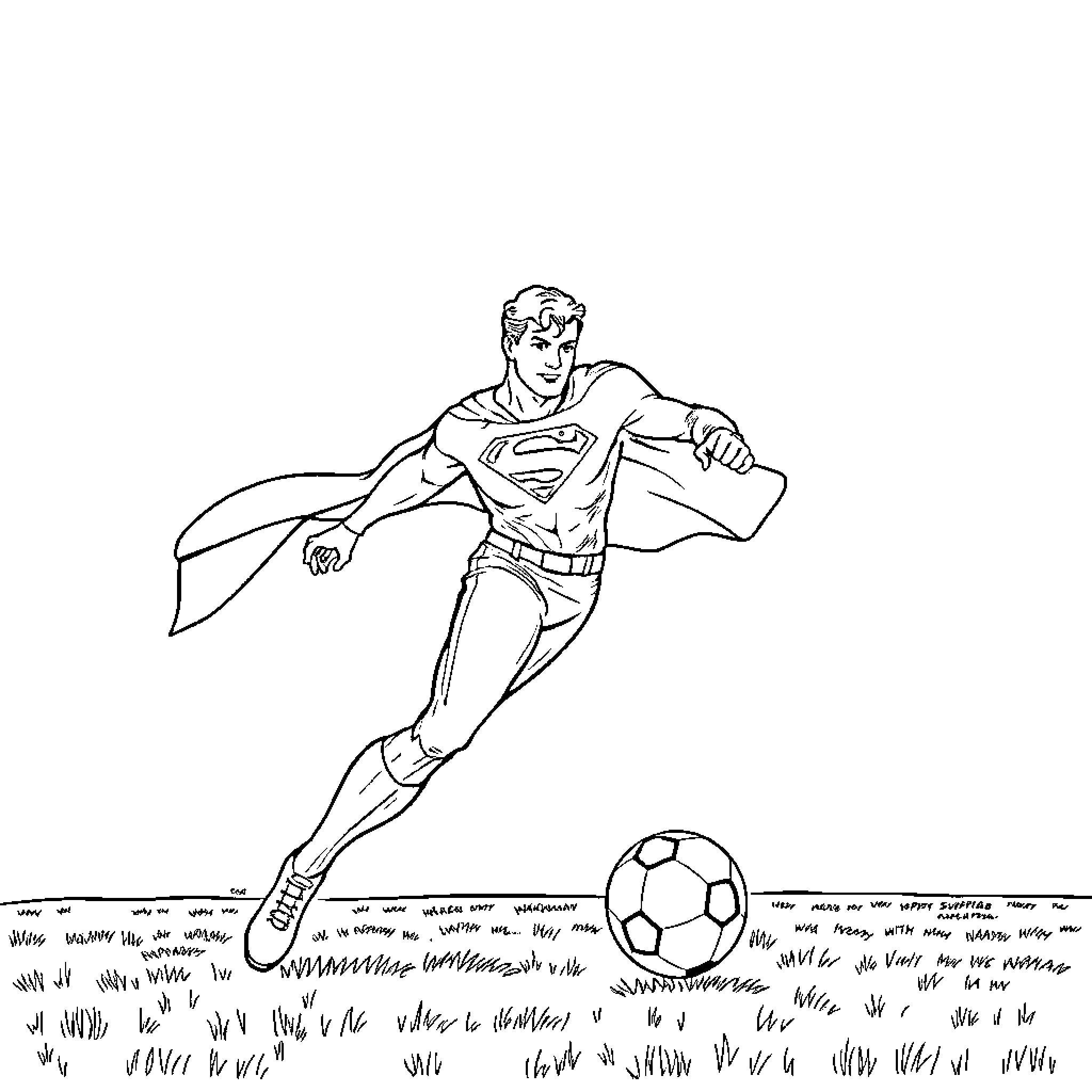 Superman flying over a soccer field Coloring Page (free black-and-white line drawing printable PDF for all, from beginners to advanced learners, including children, teens, adults, and seniors)
