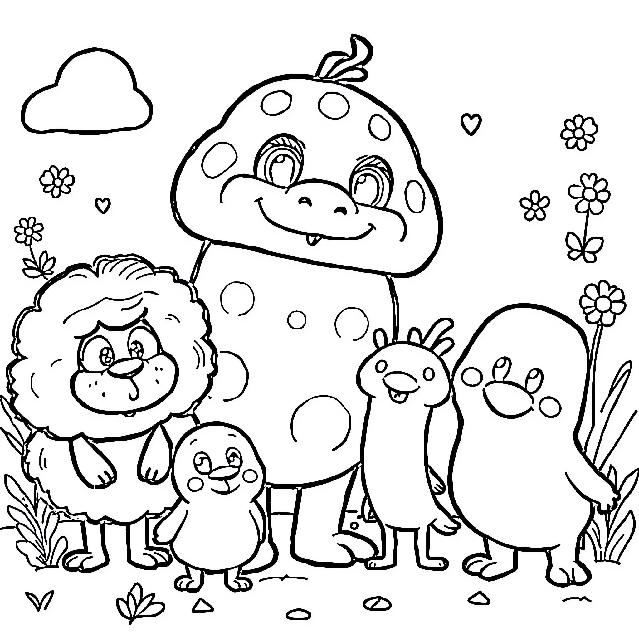 Labubu and friends enjoy a playful day in nature Coloring Page (free black-and-white line drawing printable PDF for all, from beginners to advanced learners, including children, teens, adults, and seniors)