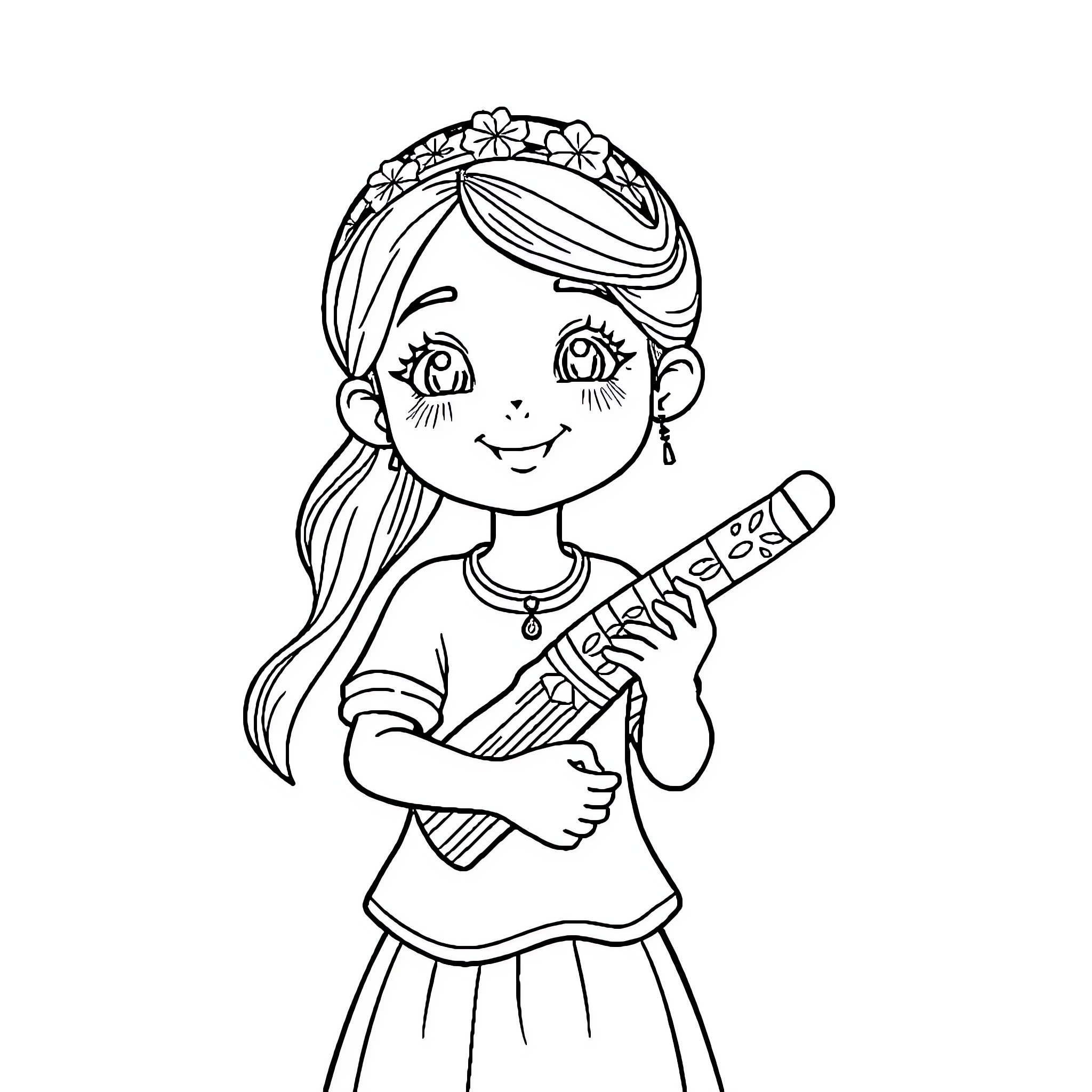 Girl holding musical instrument with floral headpiece Coloring Page (free black-and-white line drawing printable PDF for all, from beginners to advanced learners, including children, teens, adults, and seniors)