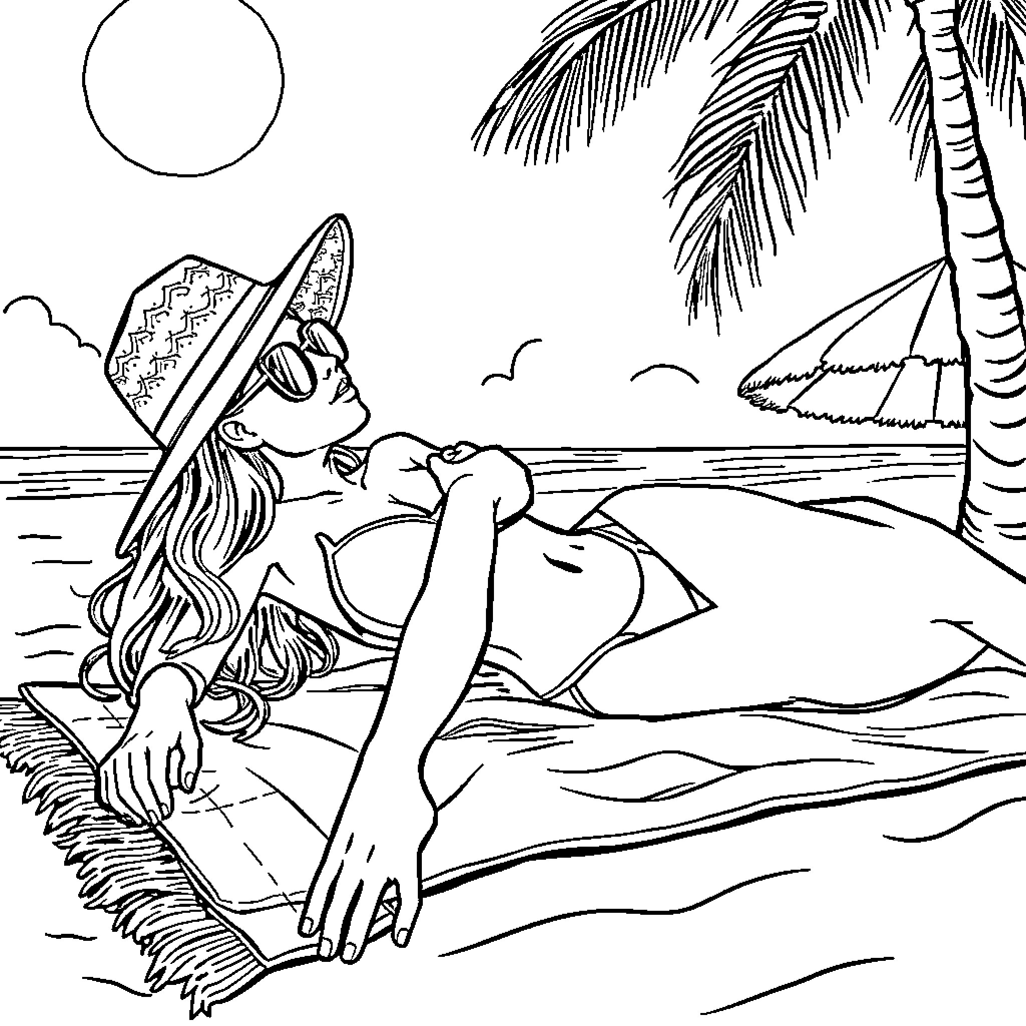 Babe relaxes on the beach under the sun Coloring Page (free black-and-white line drawing printable PDF for all, from beginners to advanced learners, including children, teens, adults, and seniors)