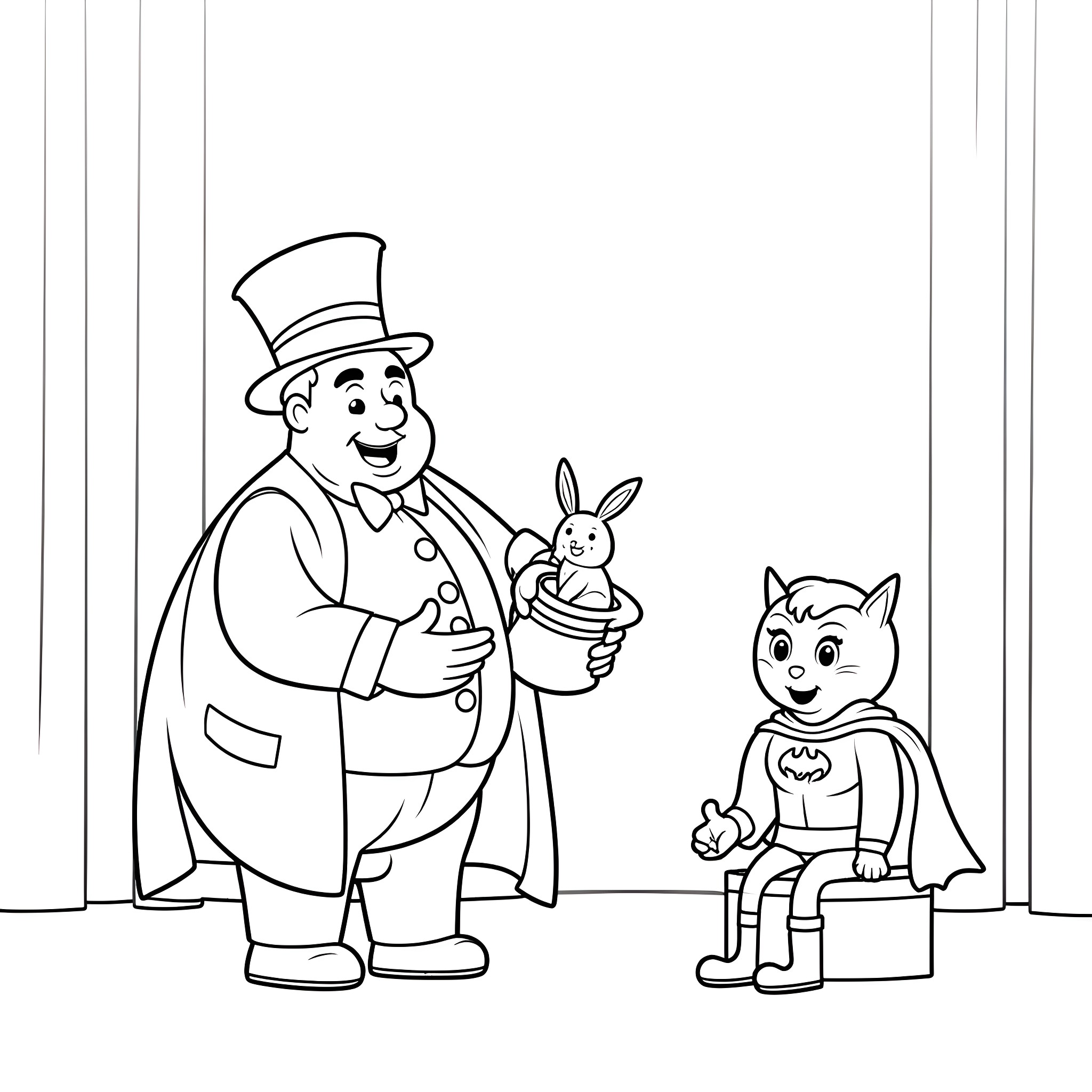 Magician entertaining children with rabbit in hat Coloring Page (free black-and-white line drawing printable PDF for all, from beginners to advanced learners, including children, teens, adults, and seniors)