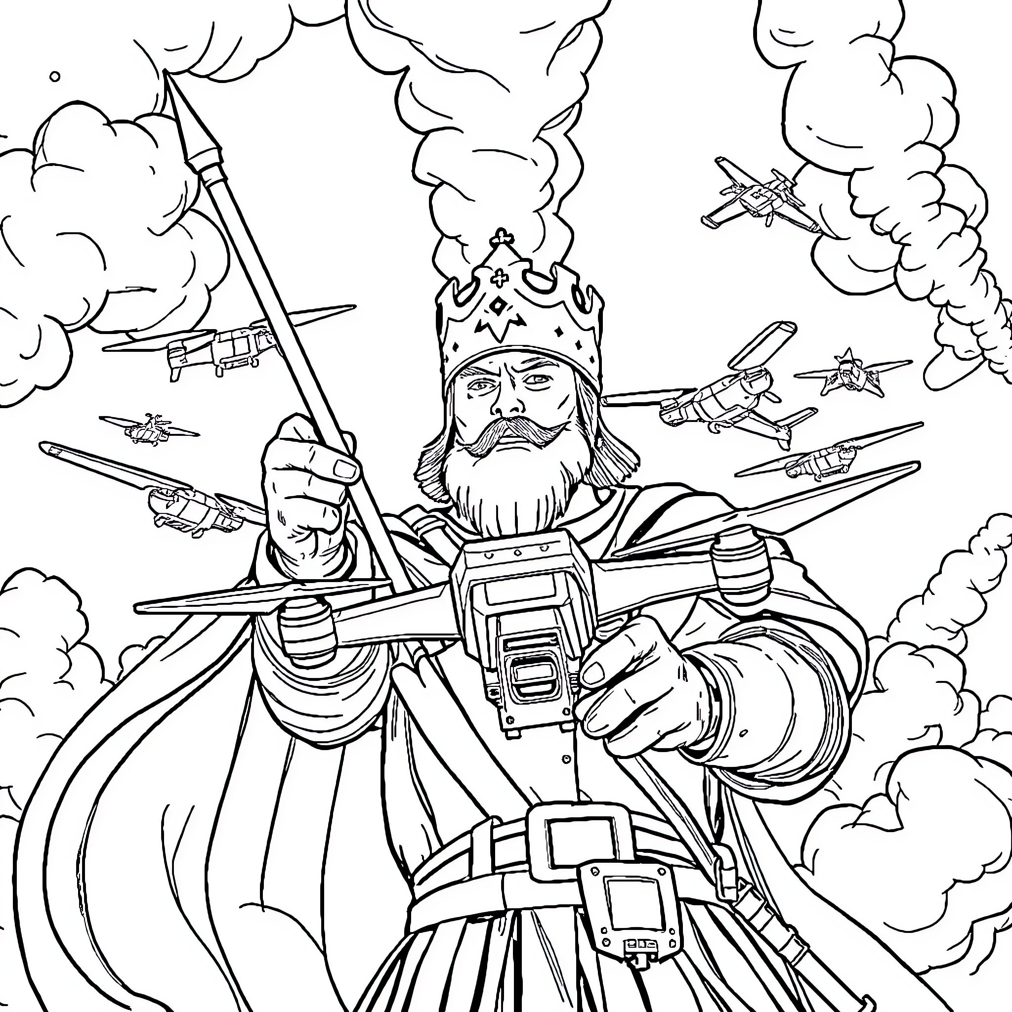 Vytautas the Mighty Leading the Aerial Charge Coloring Page (free black-and-white line drawing printable PDF for all, from beginners to advanced learners, including children, teens, adults, and seniors)