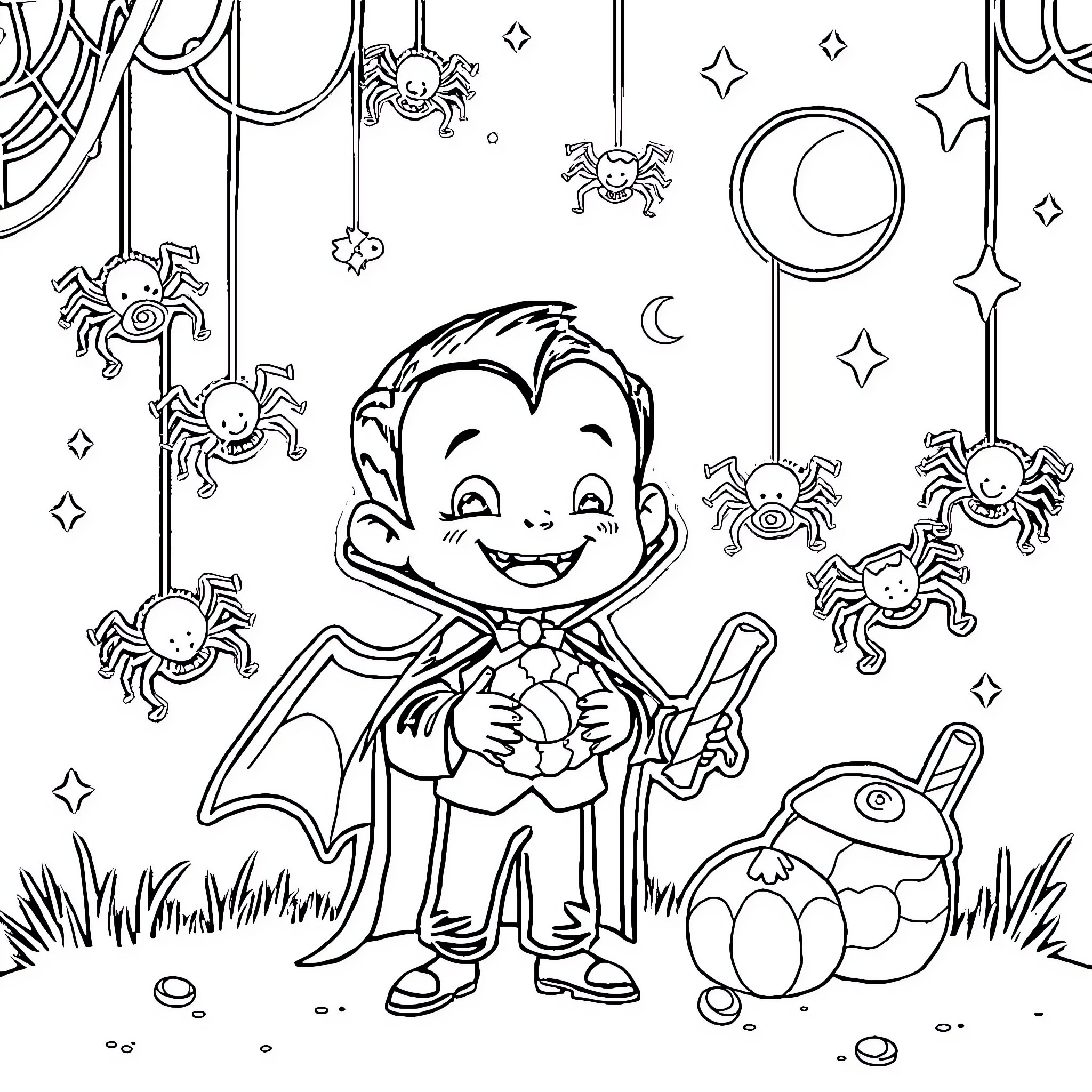 Vampire Boy Playing with Spiders and Bats Coloring Page (free black-and-white line drawing printable PDF for all, from beginners to advanced learners, including children, teens, adults, and seniors)