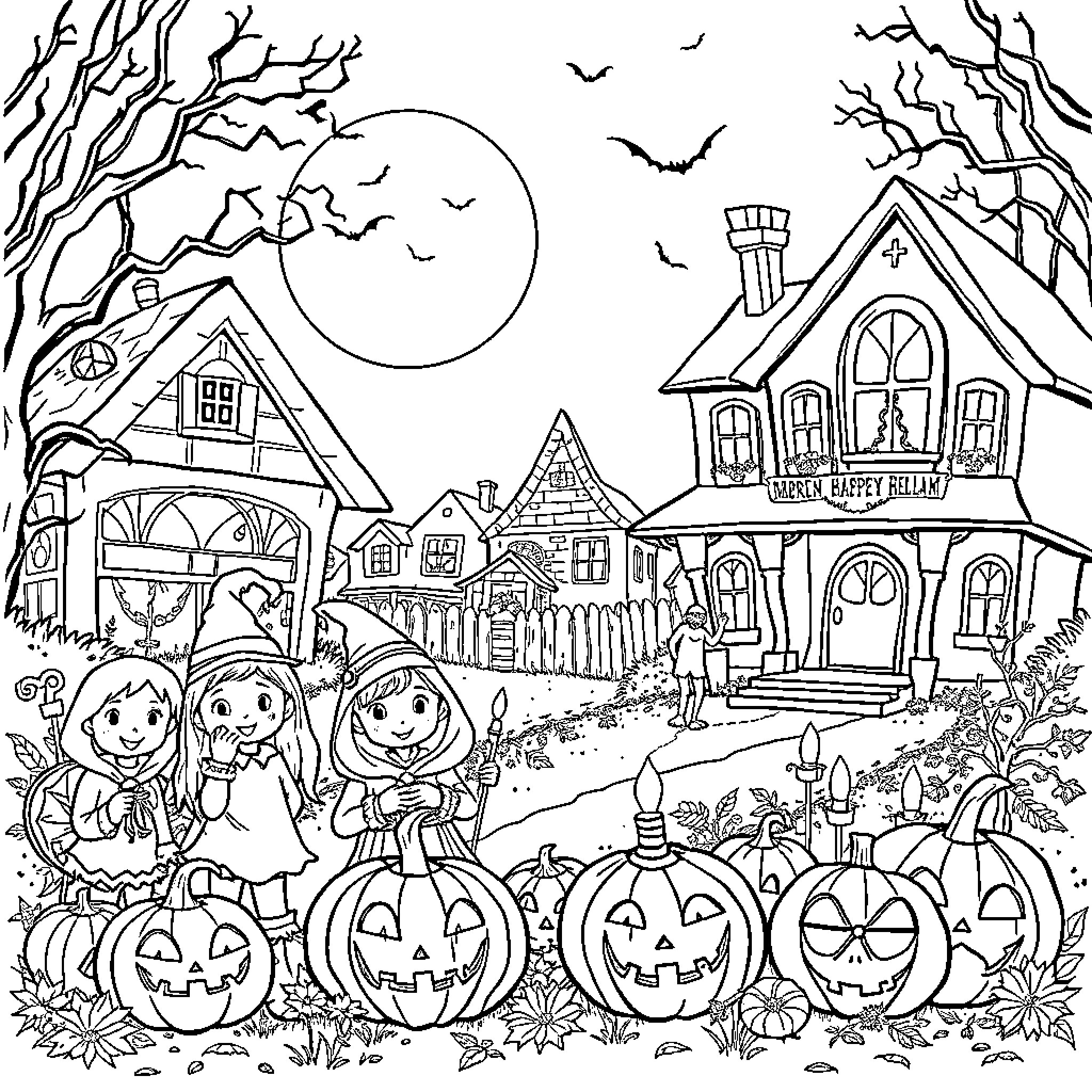 Halloween spooky house and trick-or-treaters Coloring Page (free black-and-white line drawing printable PDF for all, from beginners to advanced learners, including children, teens, adults, and seniors)