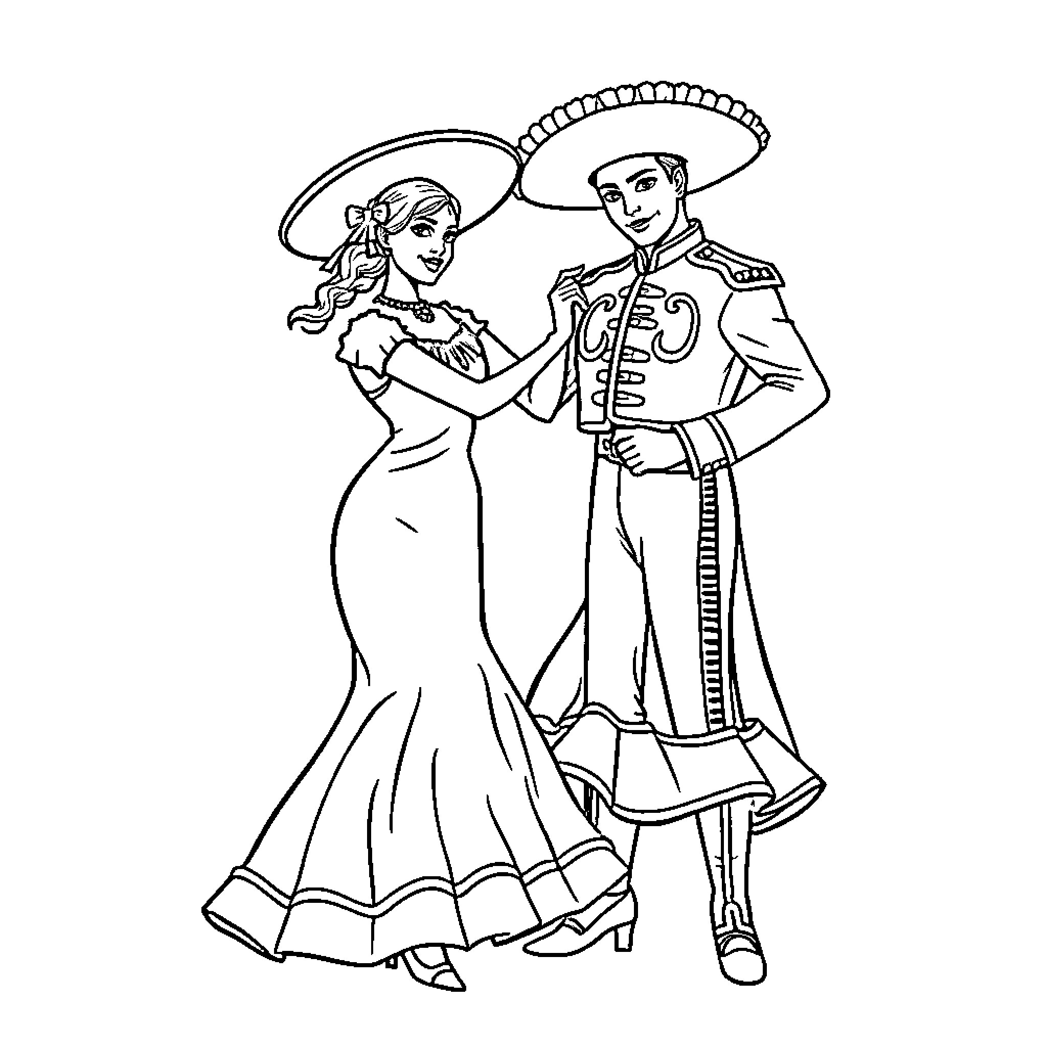 Flamenco Dancer Couple in Traditional Attire Coloring Page (free black-and-white line drawing printable PDF for all, from beginners to advanced learners, including children, teens, adults, and seniors)