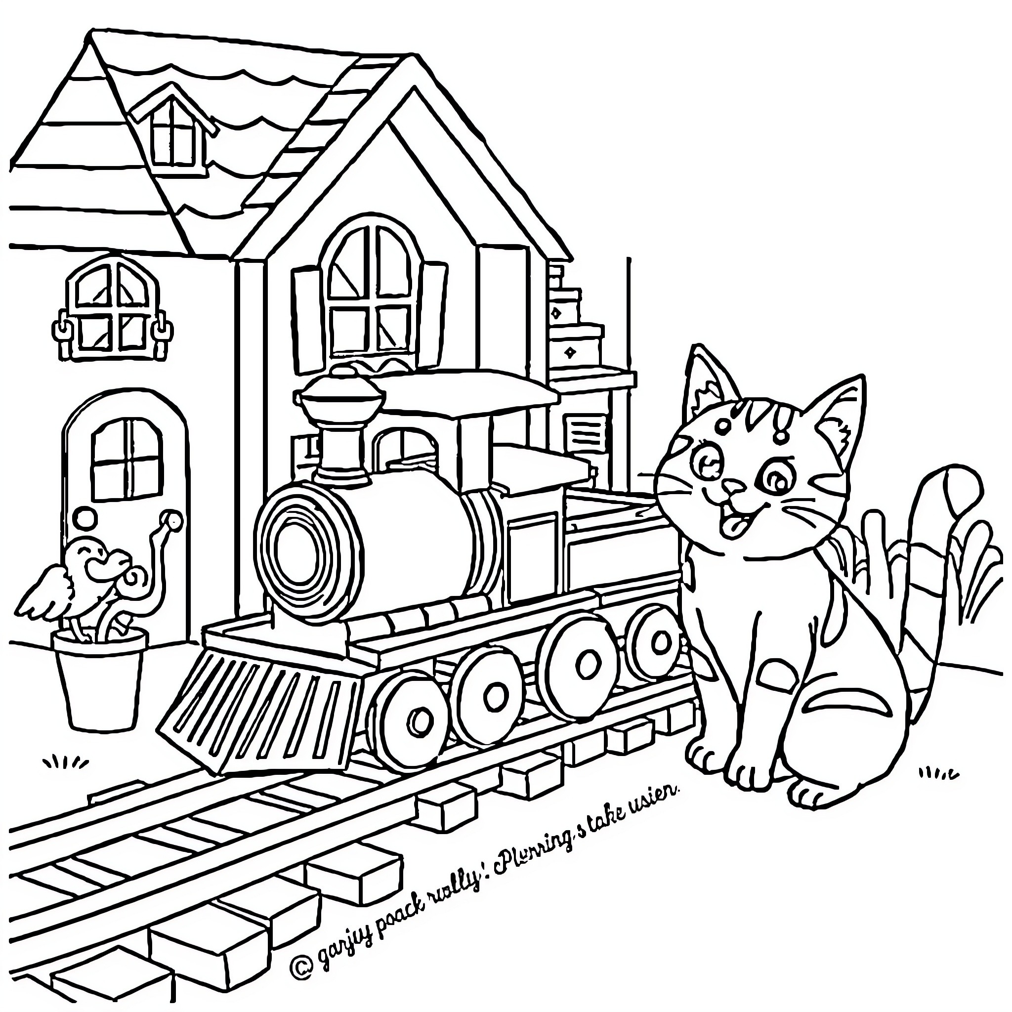 Train carrying animals and toys near a cottage Coloring Page (free black-and-white line drawing printable PDF for all, from beginners to advanced learners, including children, teens, adults, and seniors)