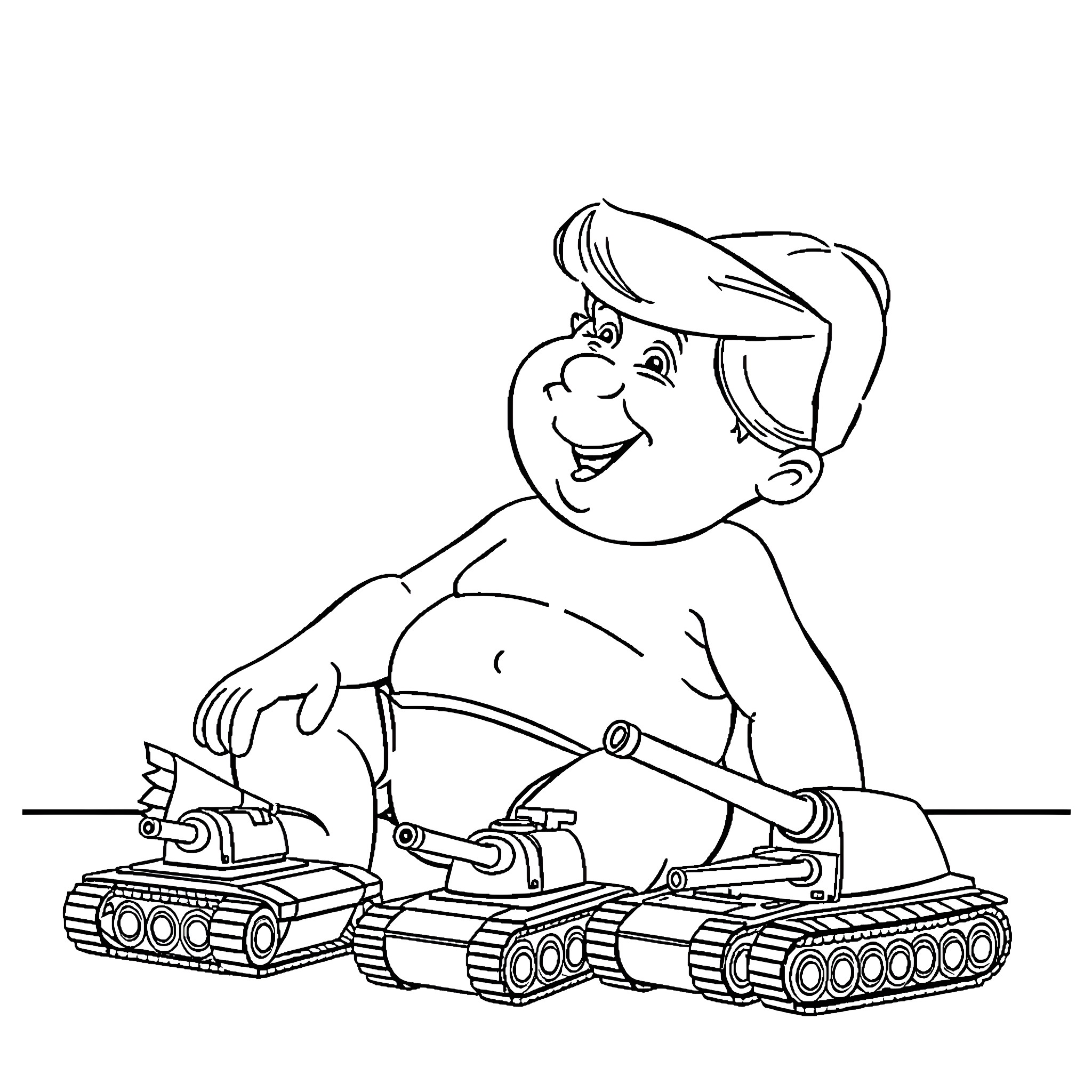 Donald Trump playing with toy tanks Coloring Page (free black-and-white line drawing printable PDF for all, from beginners to advanced learners, including children, teens, adults, and seniors)