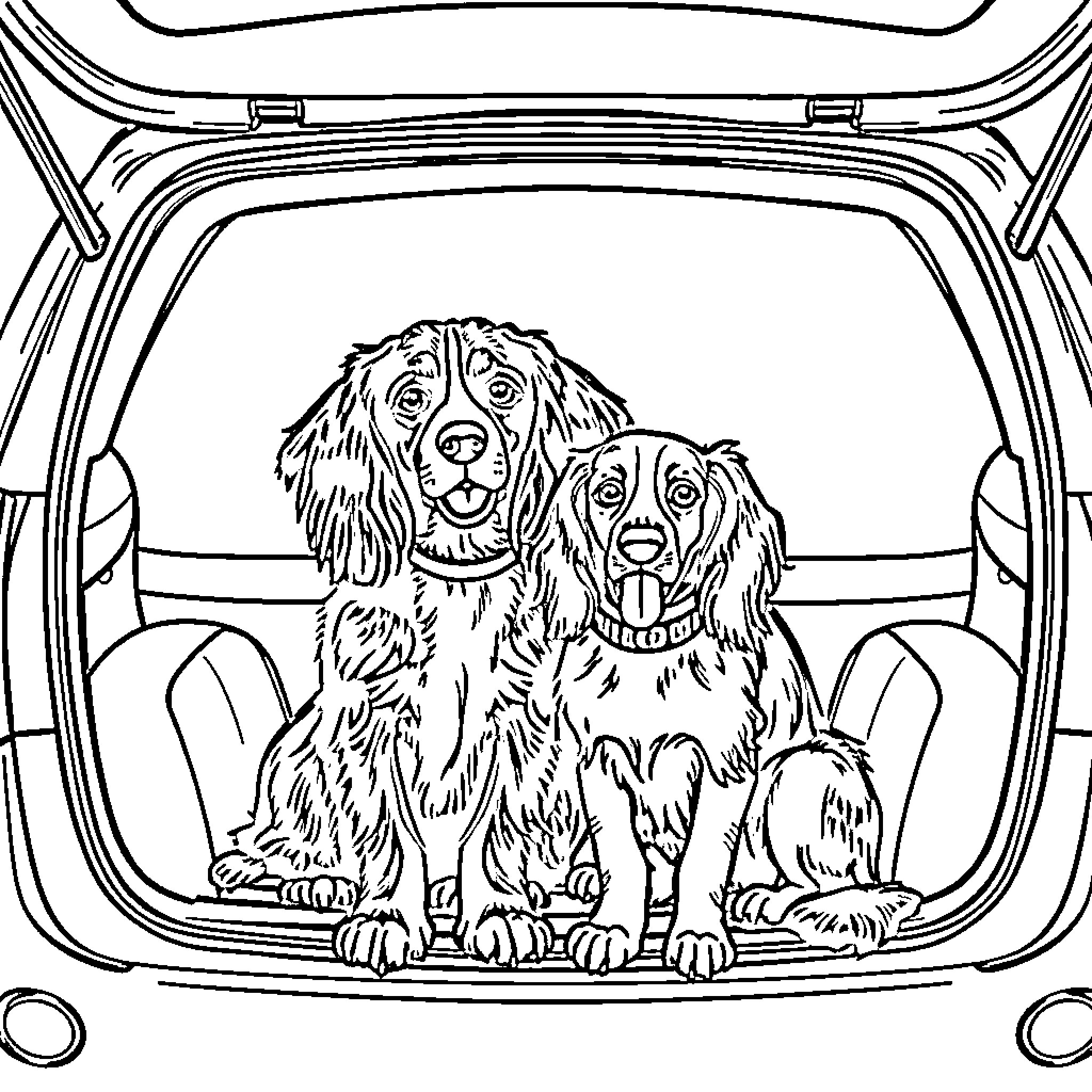 Dog friends waiting in the car trunk Coloring Page (free black-and-white line drawing printable PDF for all, from beginners to advanced learners, including children, teens, adults, and seniors)