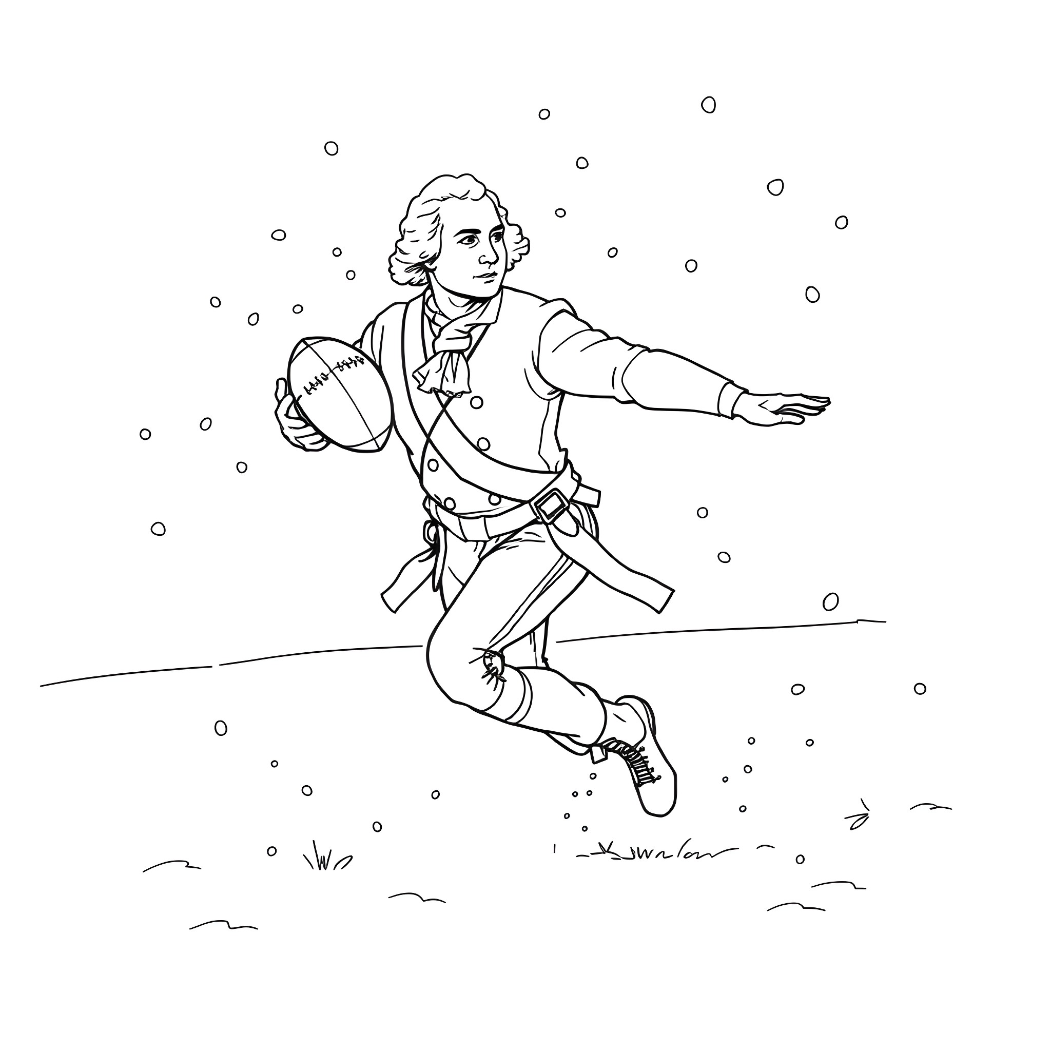George Washington snowboarding in the winter landscape Coloring Page (free black-and-white line drawing printable PDF for all, from beginners to advanced learners, including children, teens, adults, and seniors)