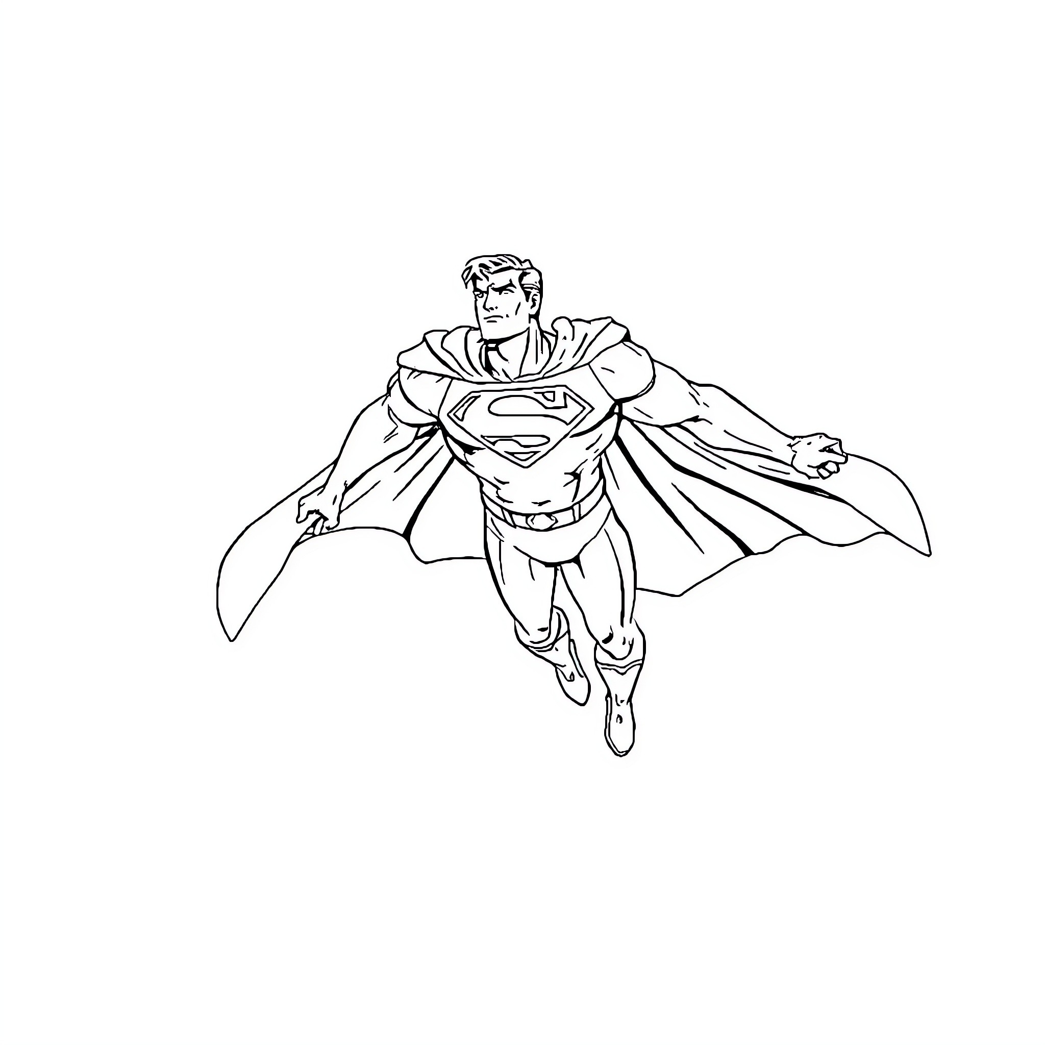 Superman flying heroically in action pose Coloring Page (free black-and-white line drawing printable PDF for all, from beginners to advanced learners, including children, teens, adults, and seniors)