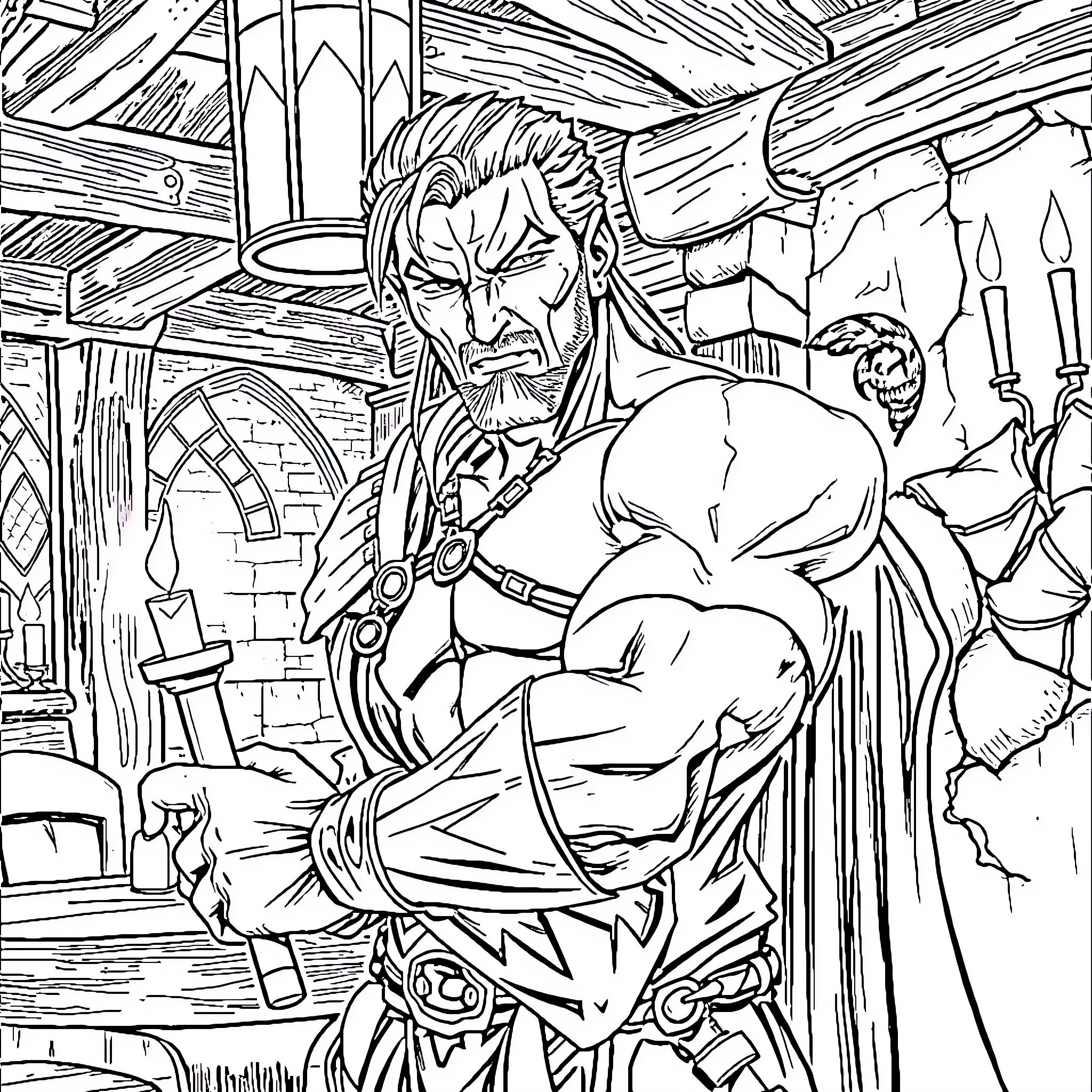 Astarian warrior battling in a dark, rugged environment Coloring Page (free black-and-white line drawing printable PDF for all, from beginners to advanced learners, including children, teens, adults, and seniors)