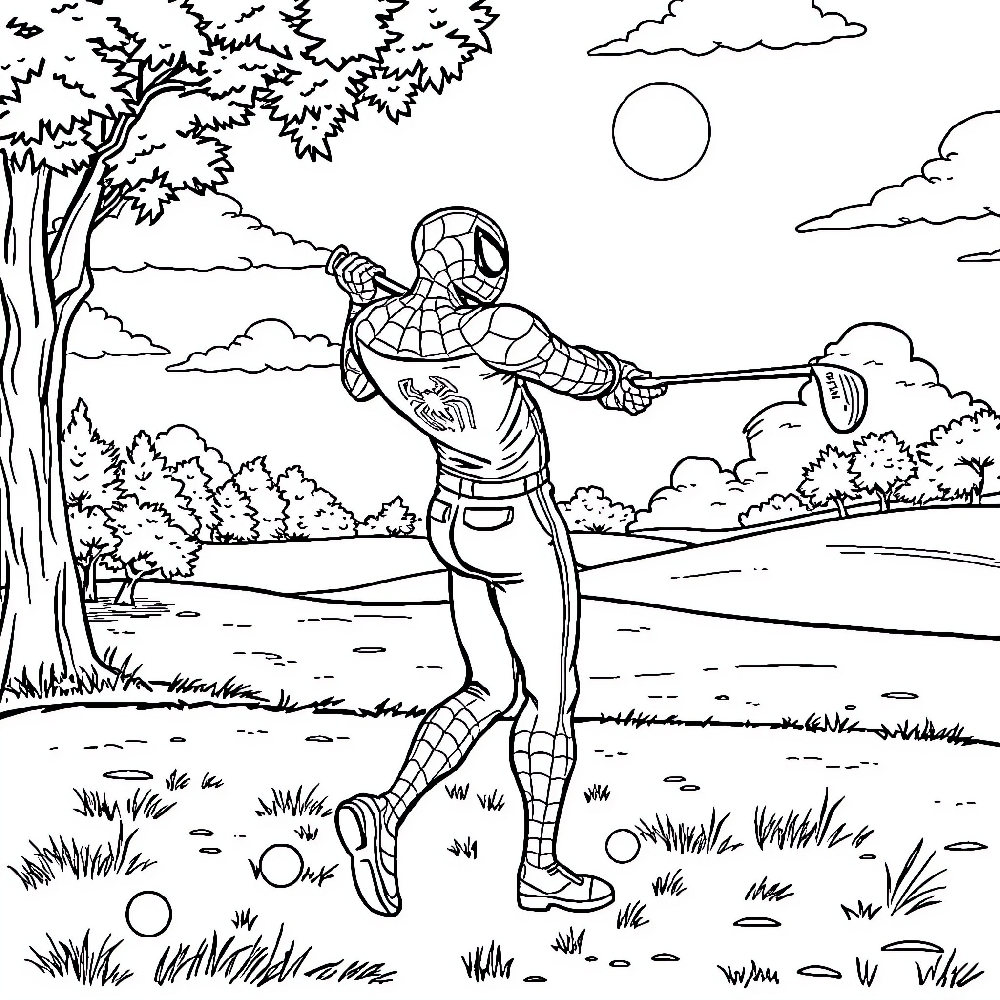 Spiderman swinging through the forest landscape Coloring Page (free black-and-white line drawing printable PDF for all, from beginners to advanced learners, including children, teens, adults, and seniors)
