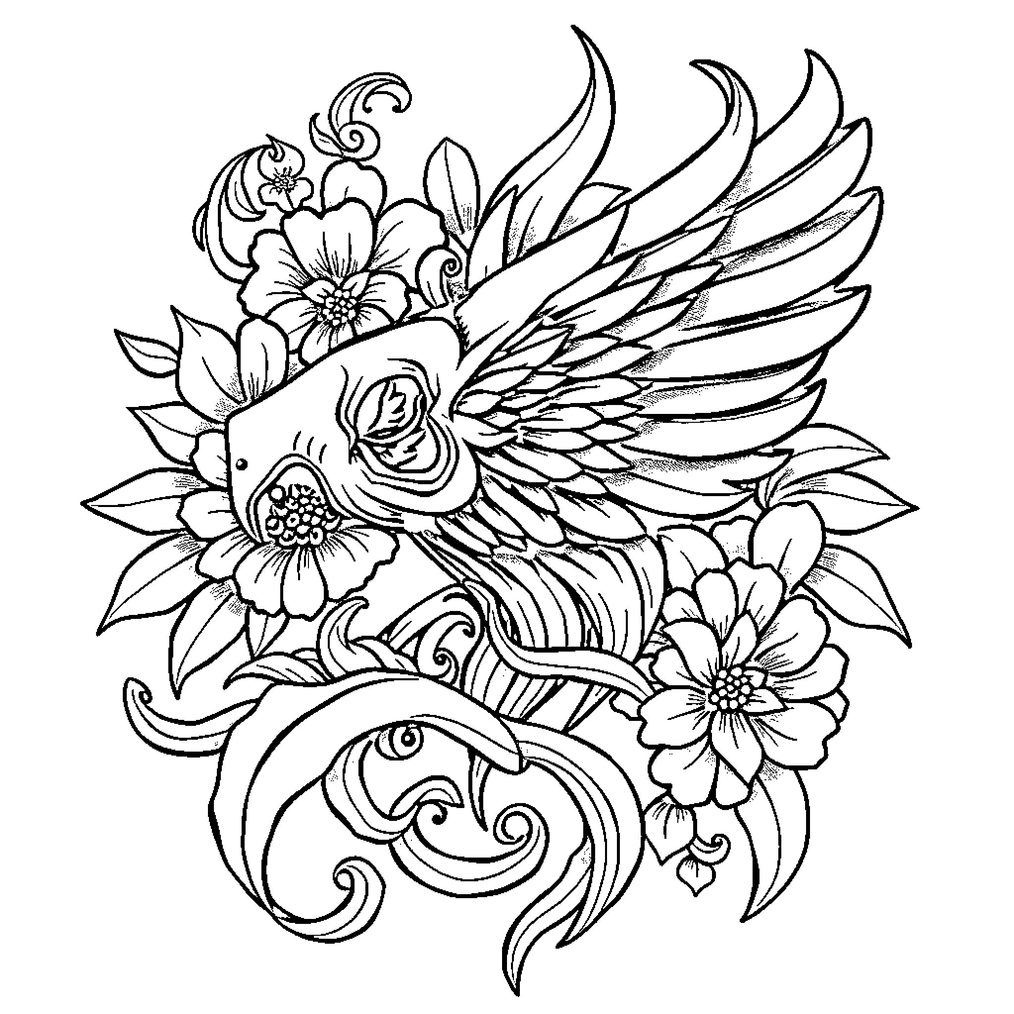 Tattoo with Intricate Floral and Winged Design Coloring Page (free black-and-white line drawing printable PDF for all, from beginners to advanced learners, including children, teens, adults, and seniors)