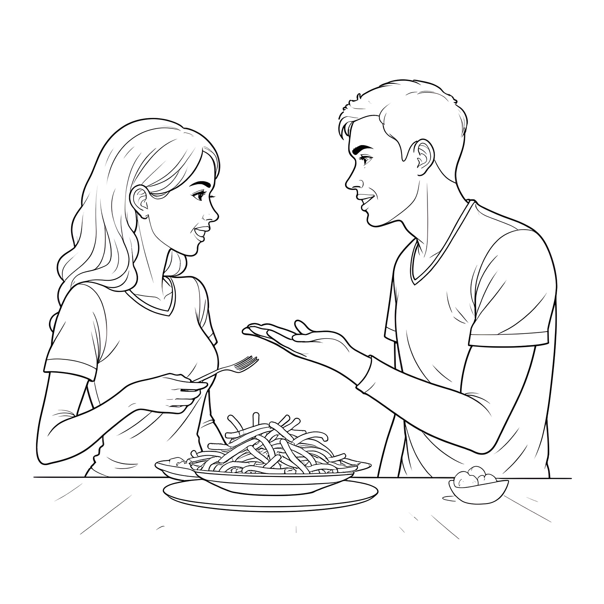 Husband and Wife Sharing a Meal Coloring Page (free black-and-white line drawing printable PDF for all, from beginners to advanced learners, including children, teens, adults, and seniors)