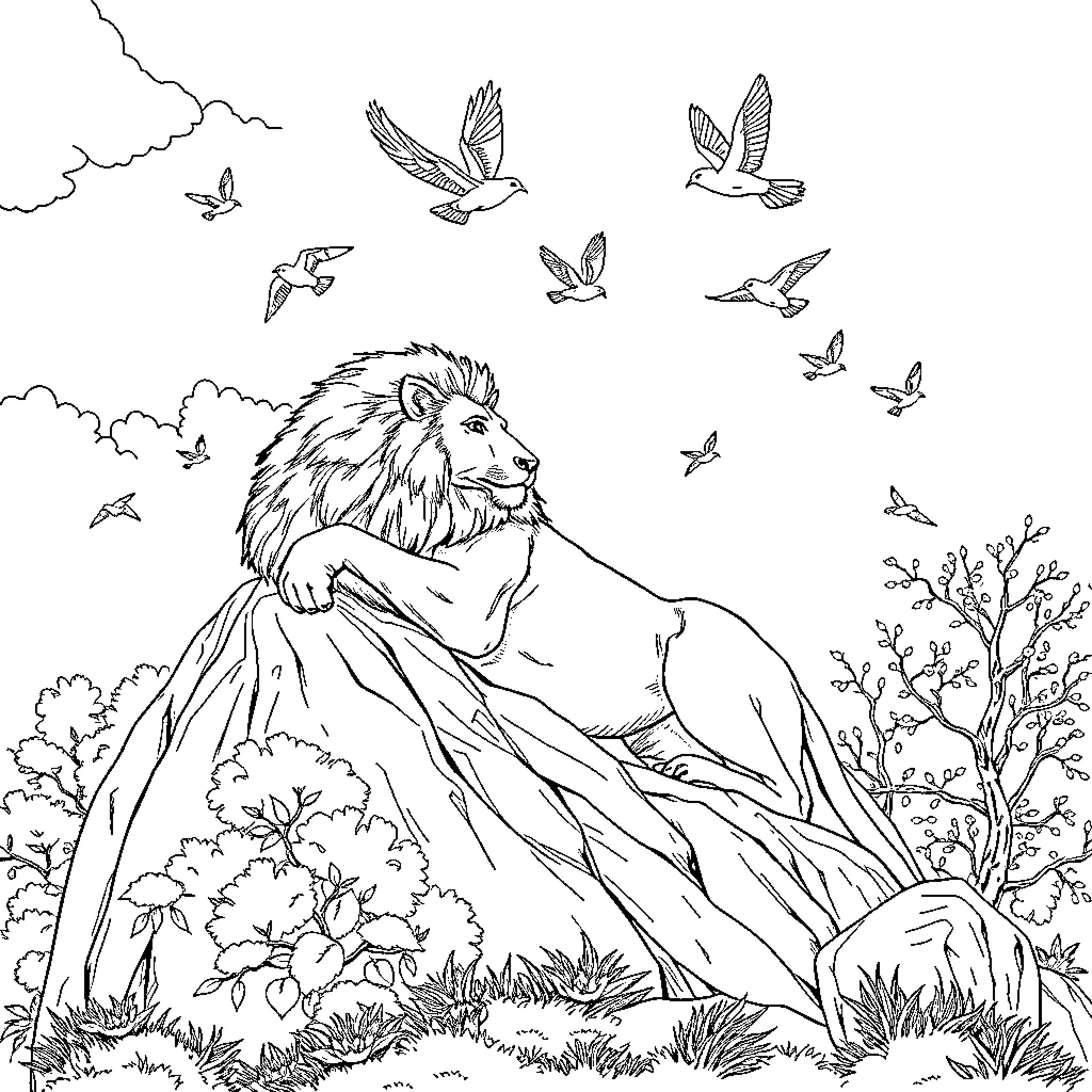 Leone's Serene Wilderness: Birds and Lion in Nature Coloring Page (free black-and-white line drawing printable PDF for all, from beginners to advanced learners, including children, teens, adults, and seniors)