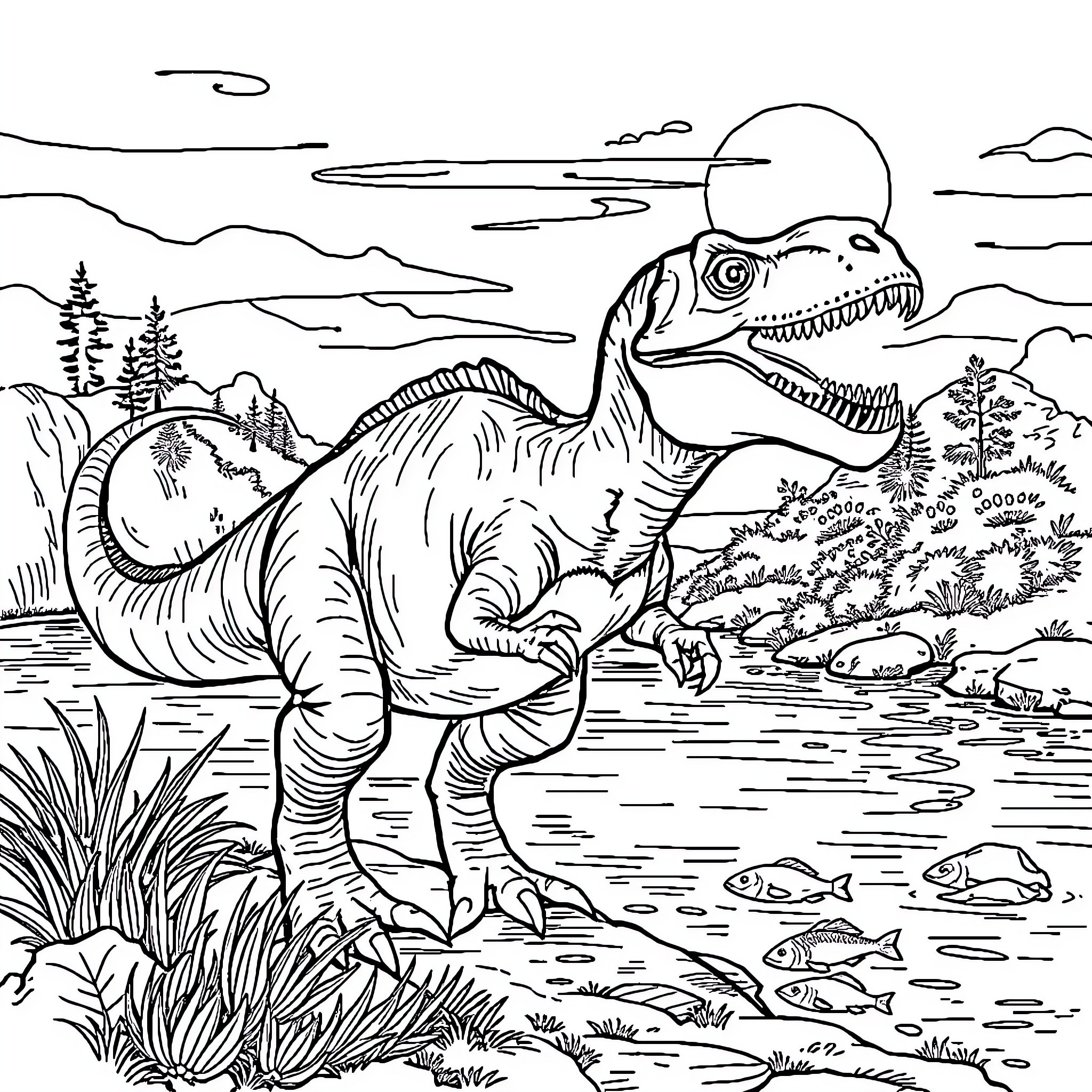 Baryonyx stalking near a river Coloring Page (free black-and-white line drawing printable PDF for all, from beginners to advanced learners, including children, teens, adults, and seniors)