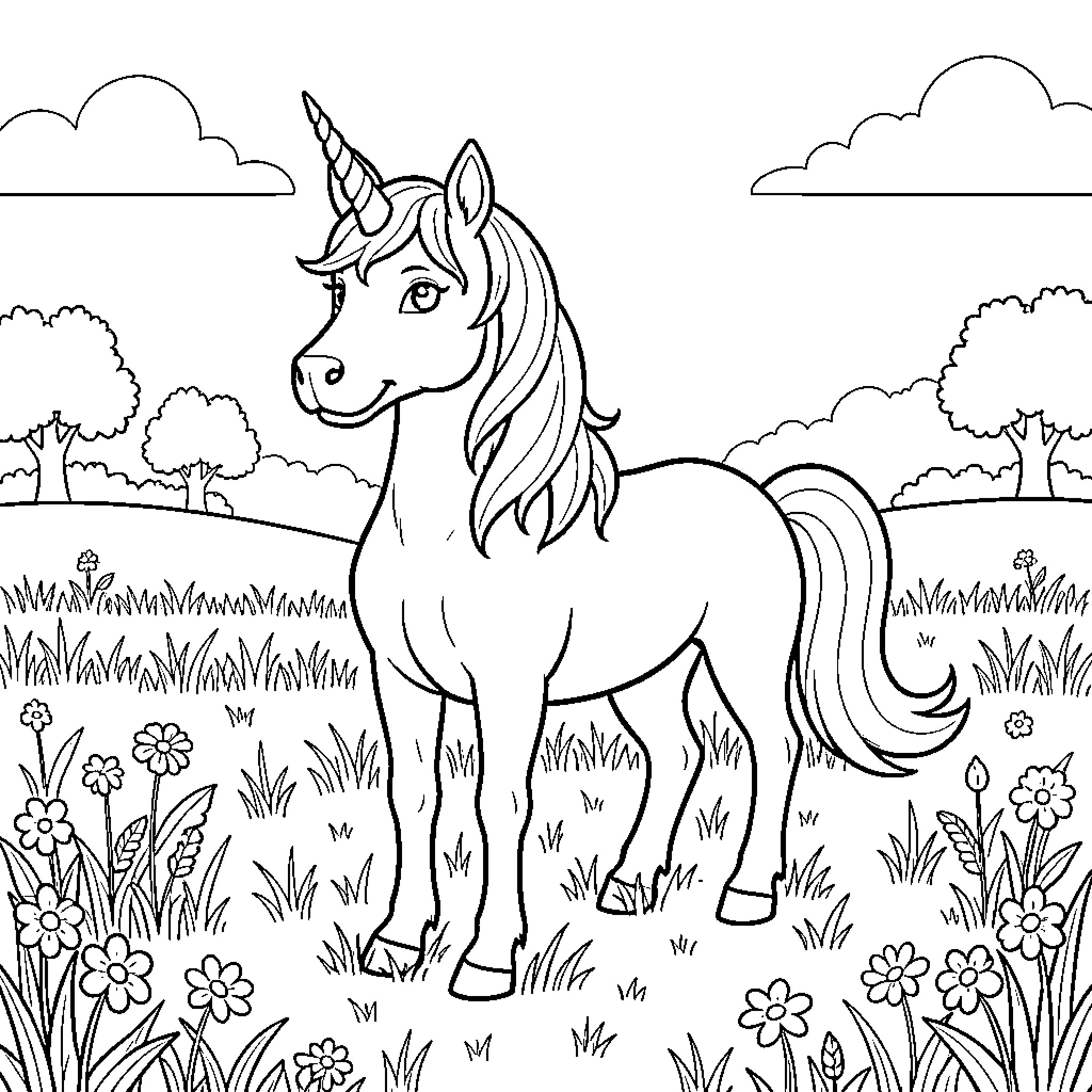 Unicorn standing in a lush meadow Coloring Page (free black-and-white line drawing printable PDF for all, from beginners to advanced learners, including children, teens, adults, and seniors)