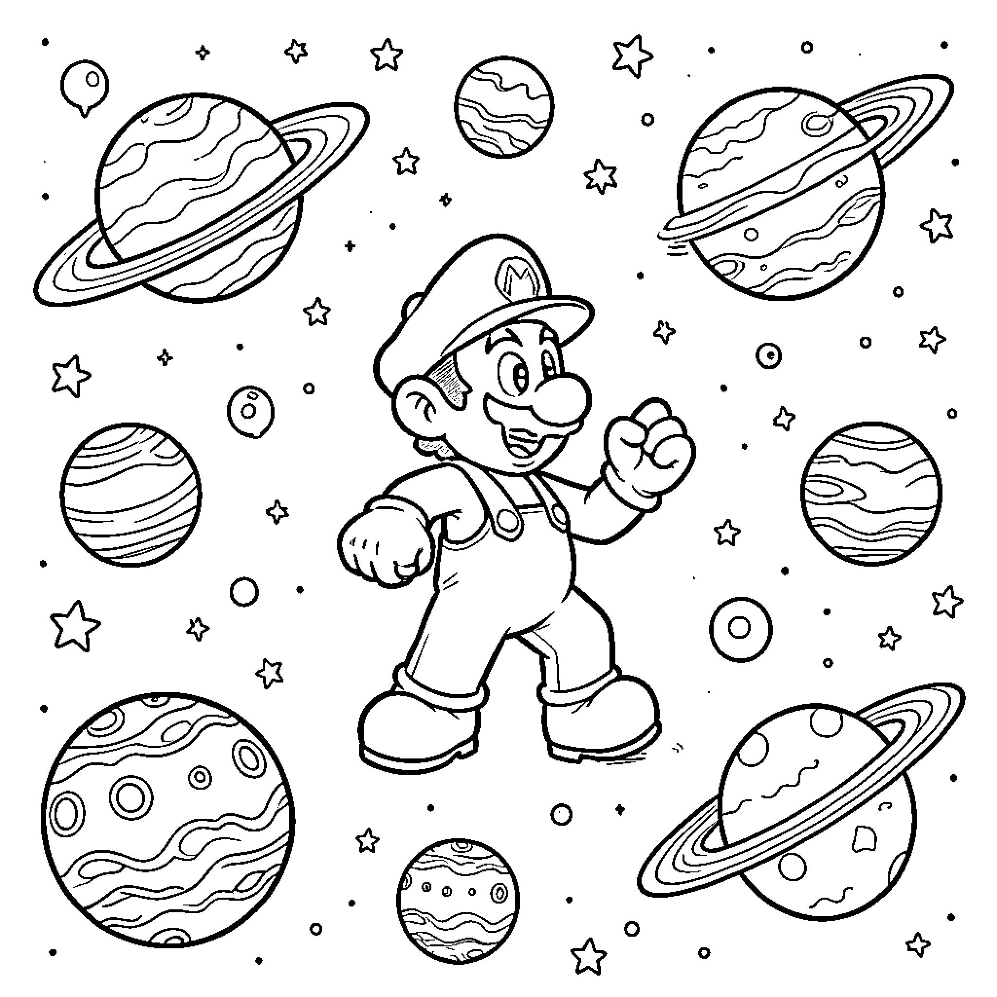 Mario's Cosmic Adventure Coloring Page (free black-and-white line drawing printable PDF for all, from beginners to advanced learners, including children, teens, adults, and seniors)