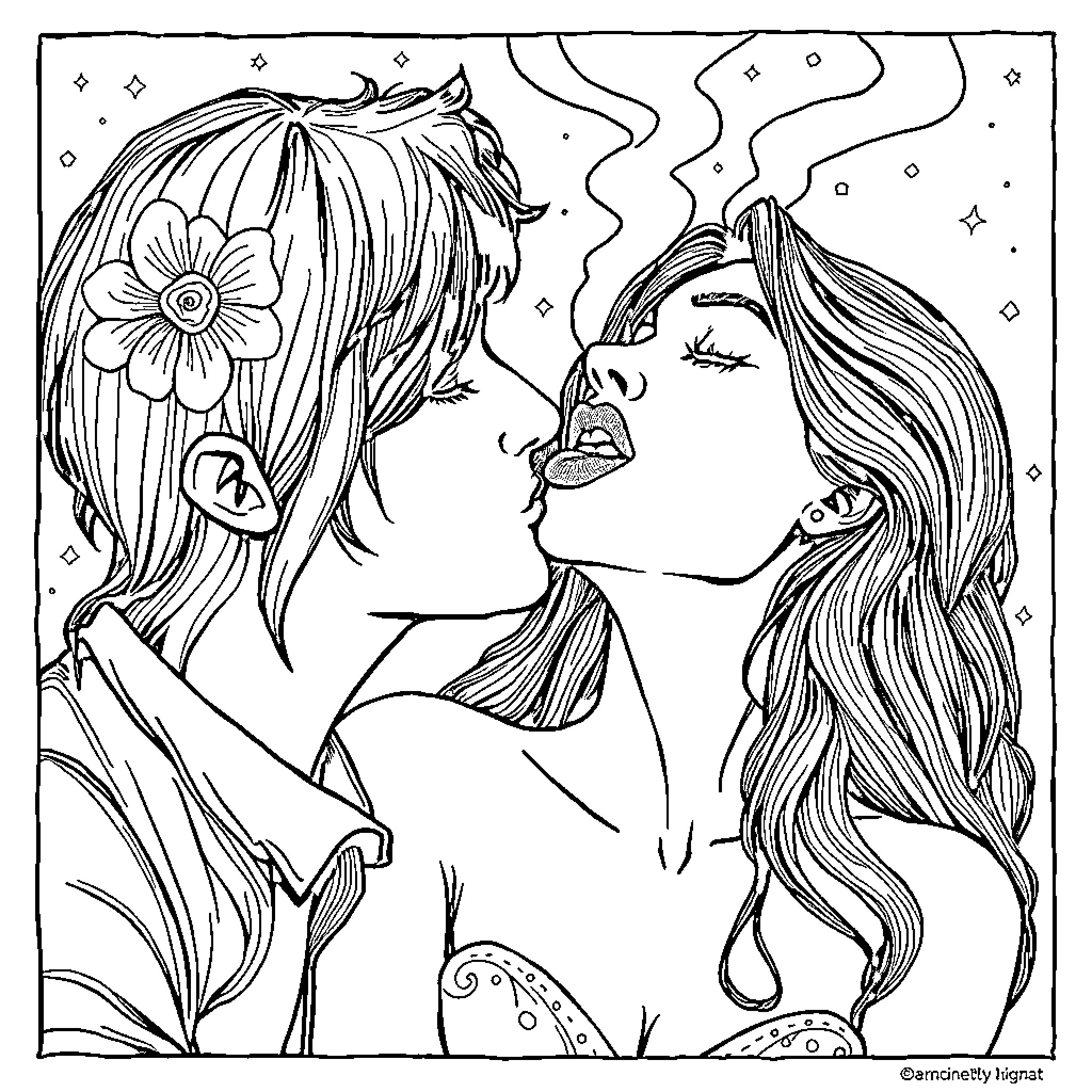 Love's Enchanting Embrace Coloring Page (free black-and-white line drawing printable PDF for all, from beginners to advanced learners, including children, teens, adults, and seniors)