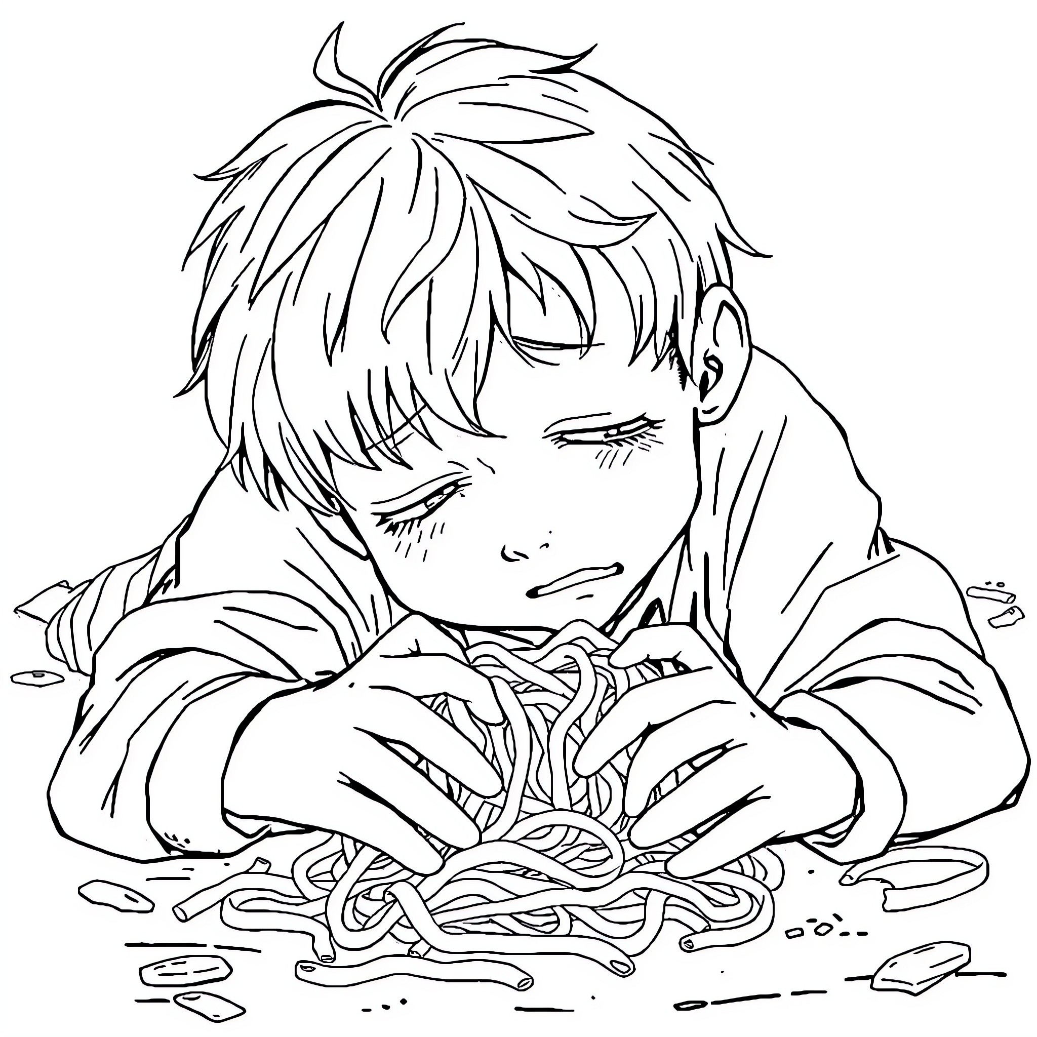 Pasta Boy Enjoys a Hearty Meal Coloring Page (free black-and-white line drawing printable PDF for all, from beginners to advanced learners, including children, teens, adults, and seniors)